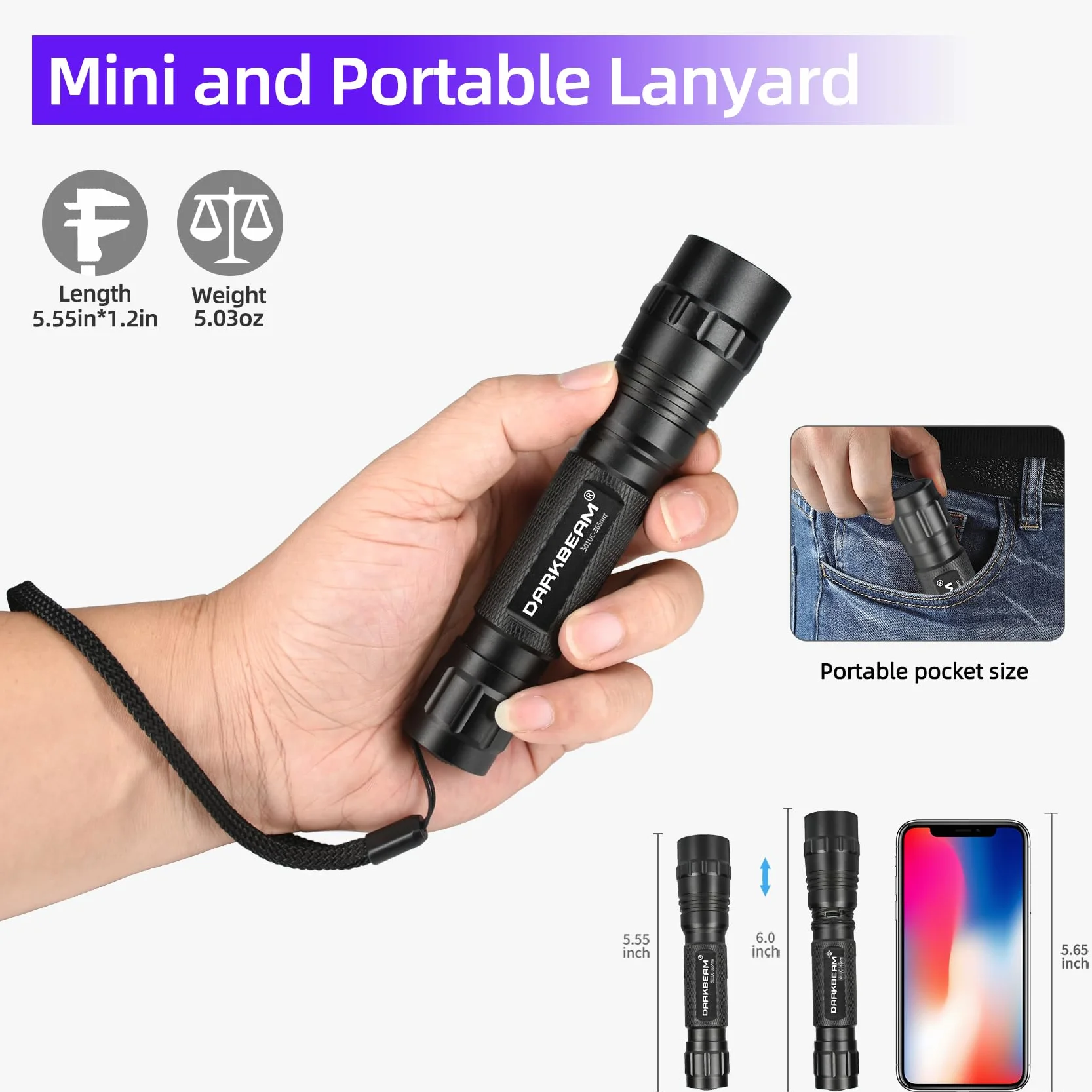 DARKBEAM Latarka UV 365 nm, światło czarne światło, mini mocna lampa drewniana, USB-C do ładowania, LED 10 W, ultrafioletowe, kieszonkowe wykrywacz moczu dla zwierząt domowych, do minerałów, szkła