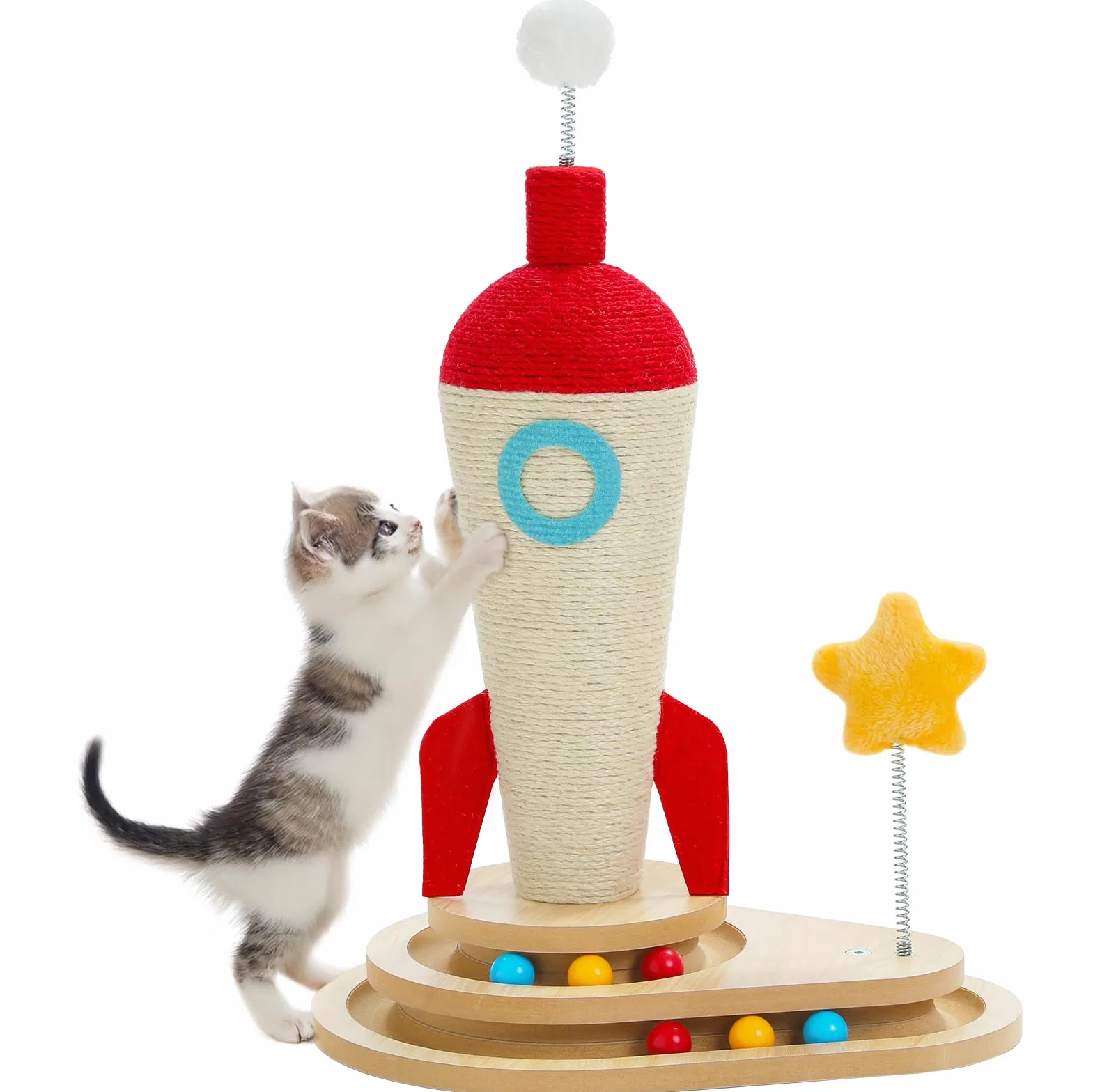 PETEPELA Rocket Design drapak dla kotów domowych, 61 cm, drapak dla kota z interaktywną zabawką dla kota, niebieski i biały