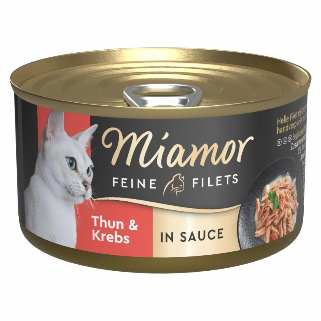 Miamor - Drobne filety w sosie | mokra karma dla dorosłych kotów z kawałkami filetu w sosie. Niskotłuszczowa karma uzupełniająca w puszce bez sztucznych dodatków | 24 x 85 g tuńczyka i raka