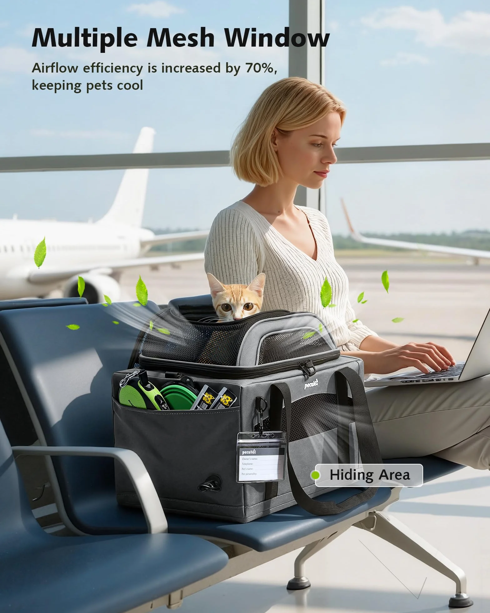 pecute Torba transportowa dla kota w samolocie, stabilna torba do noszenia zwierząt domowych, lekka, składana, dla kotów i małych psów, idealna do podróży, jasnoszara