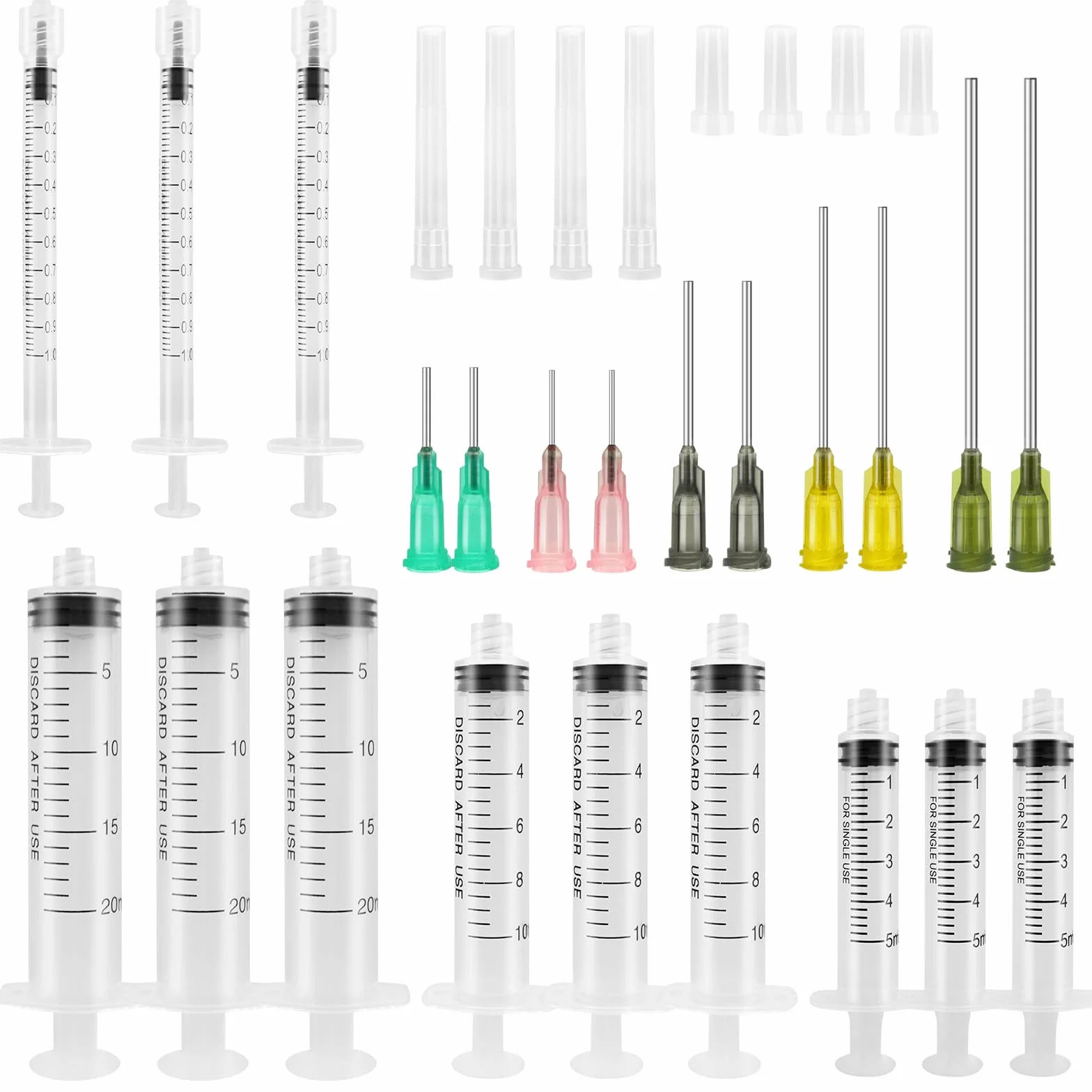 TRUEIN Strzykawki z tępymi igłami, 12 sztuk, 1 ml, 5 ml, 10 ml, 20 ml, zestaw strzykawek z tępymi igłami, 14 Ga 15 Ga 16 Ga 18 Ga 20 Ga tępe igły i nasadki, strzykawka z tworzywa sztucznego do