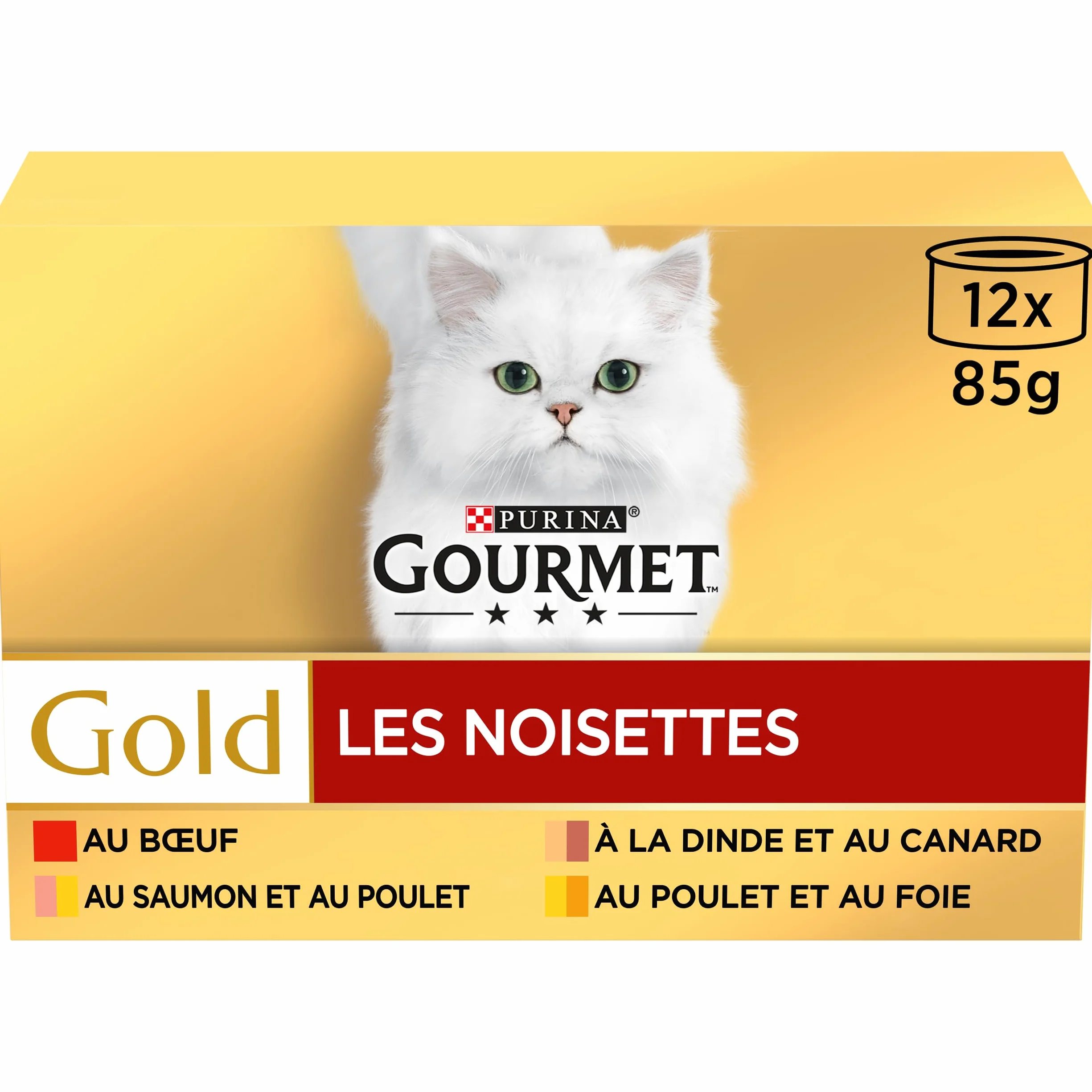 GOURMET GOLD, kot, orzechy laskowe, mielone w sosie, wołowina, kurczak i foka, indyk-kaczka, łosoś i kurczak, 12 x 85 g, zestaw 8 sztuk, pudełko
