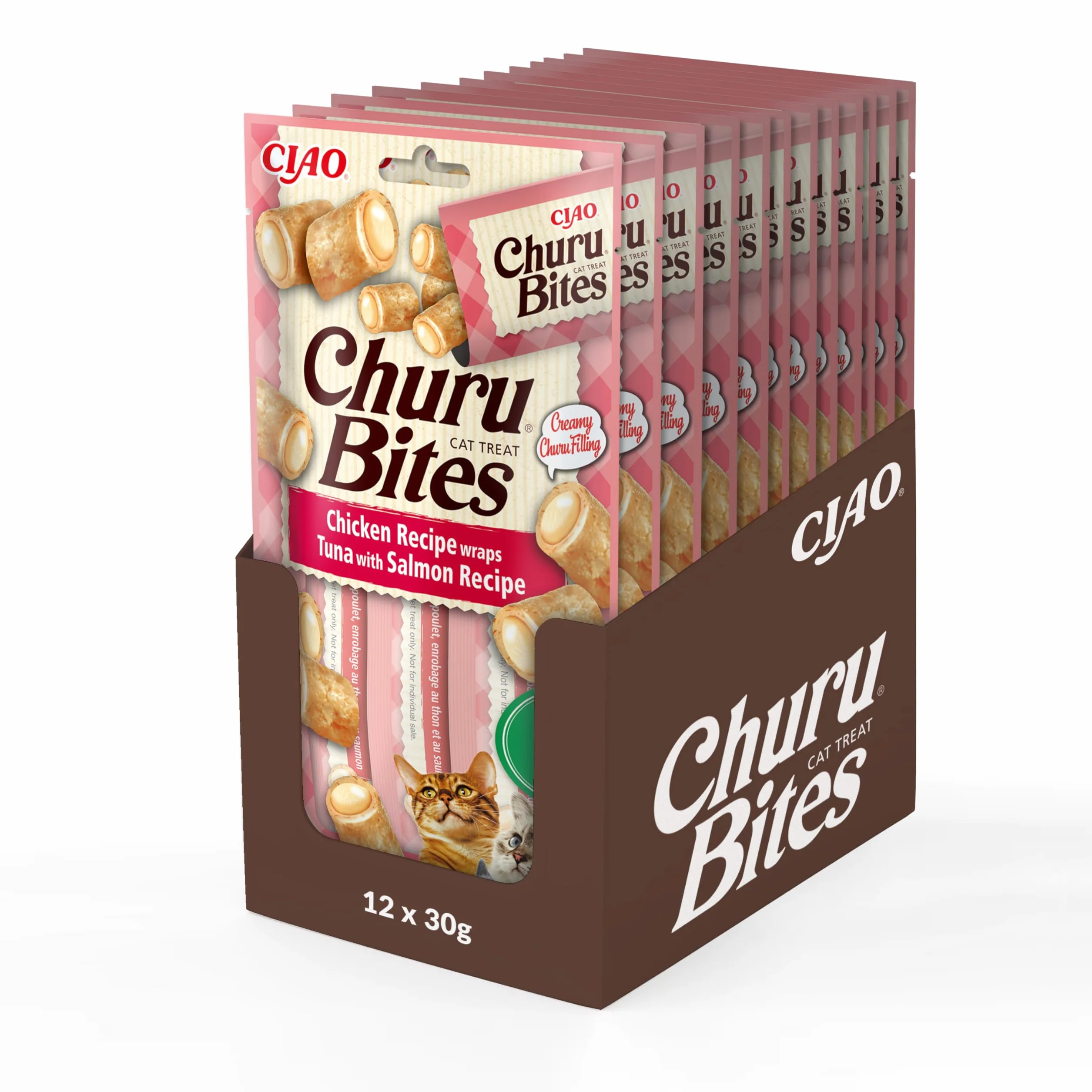 INABA Churu Bites przysmaki dla kotów, 88% wilgoci, zdrowe przekąski, naturalne składniki z kurczakiem, tuńczykiem i łososiem, 30 g (12 szt.), przekąski dla kotów w jakości premium