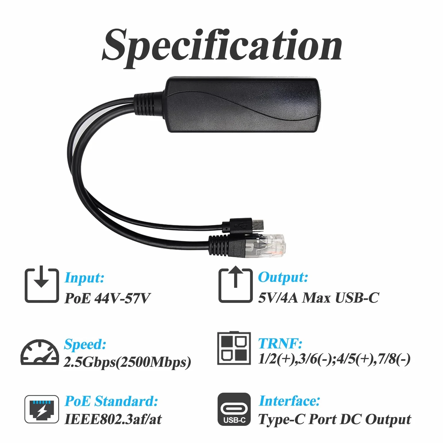 Rozdzielacz PoE 2,5 G USB-C 5 V/4 A 20 W 48 V IEEE802.3af/at