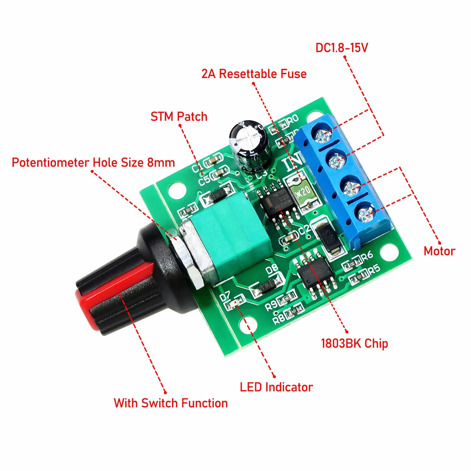 2 sztuki PWM regulator prędkości obrotowej DC 1,8 V 3 V 5 V 6 V 12 V 2 A 1803BK regulowany regulator prędkości, moduł sterowania niskiego napięcia, kontroler z przyciskiem