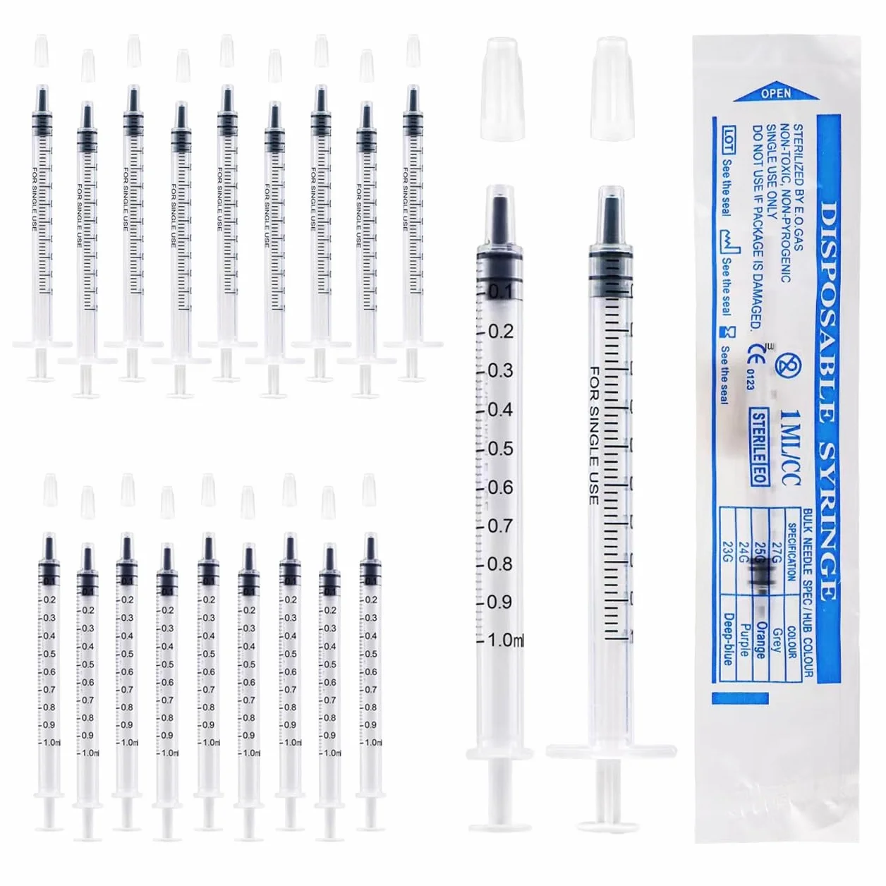 20 szt. 1 ml strzykawki z tworzywa sztucznego z nakrętkami bez igły do napełniania i pomiaru płynów, laboratoria naukowe, podlewanie roślin, karmienie zwierząt domowych, aplikator kleju