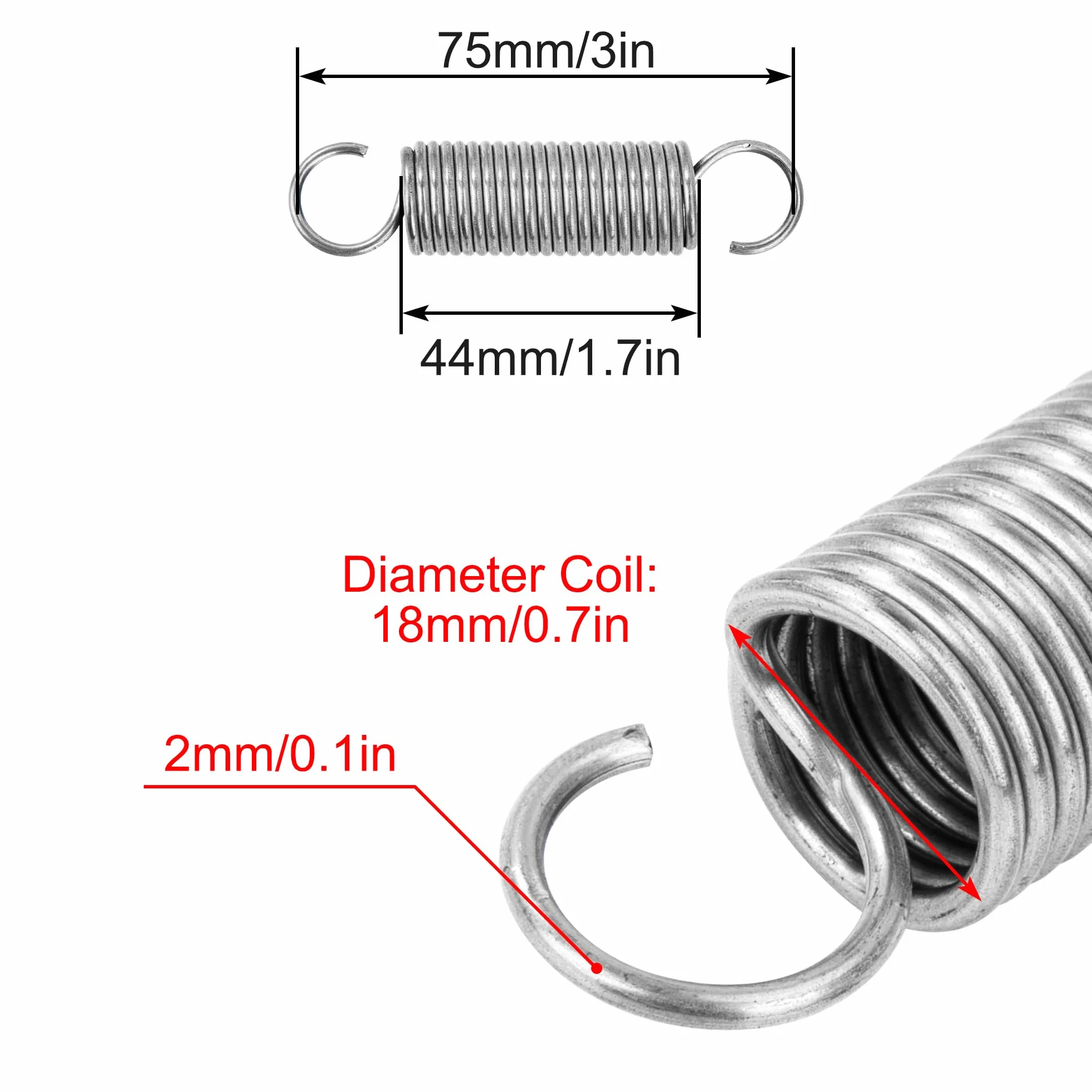 Sprężyna trakcyjna 75 mm Sprężyny napinające z haczykami sprężyny ze stali nierdzewnej średnica drutu 2 mm średnica zewnętrzna 18 mm, siła 8,3 kg, 2 sztuki