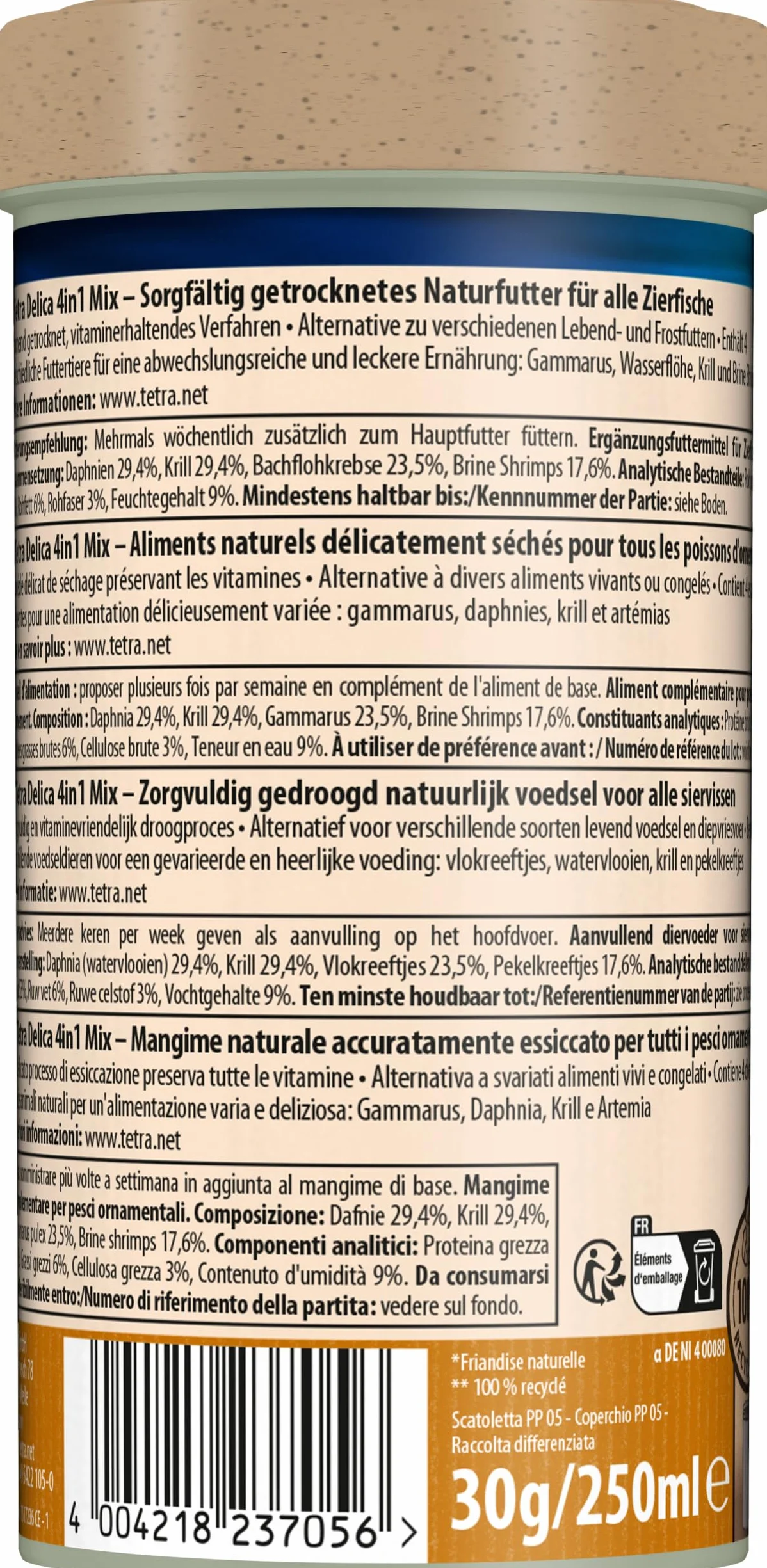 Tetra Delica Mix naturalna karma – mieszanka z 4 różnymi zwierzętami karmiącymi (flet wodny, artemia, krill, gammarus), naturalne przekąski dla ryb ozdobnych, puszka 250 ml
