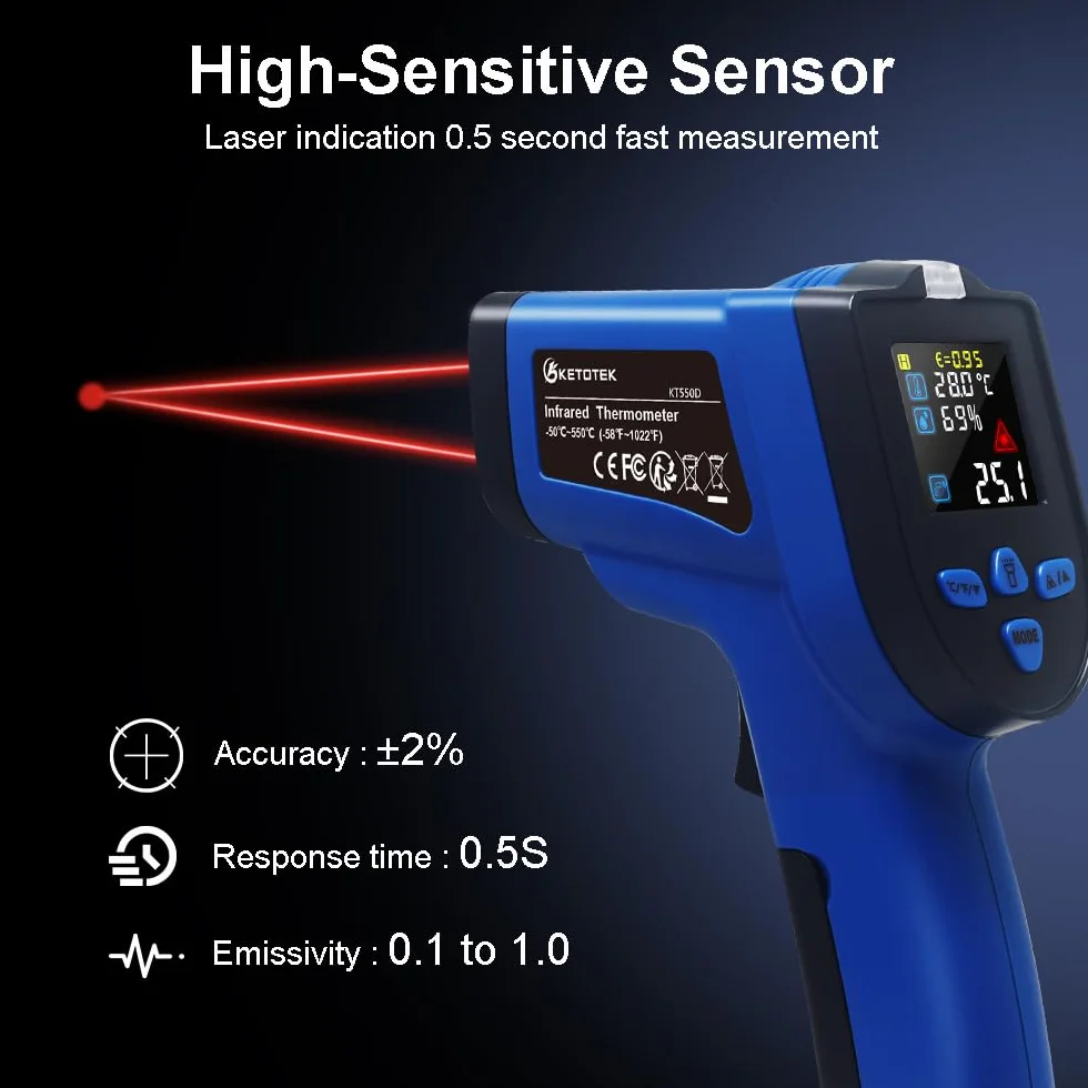 KETOTEK Termometr laserowy na podczerwień -50~550℃ cyfrowy termometr do żywności rejestrator temperatury