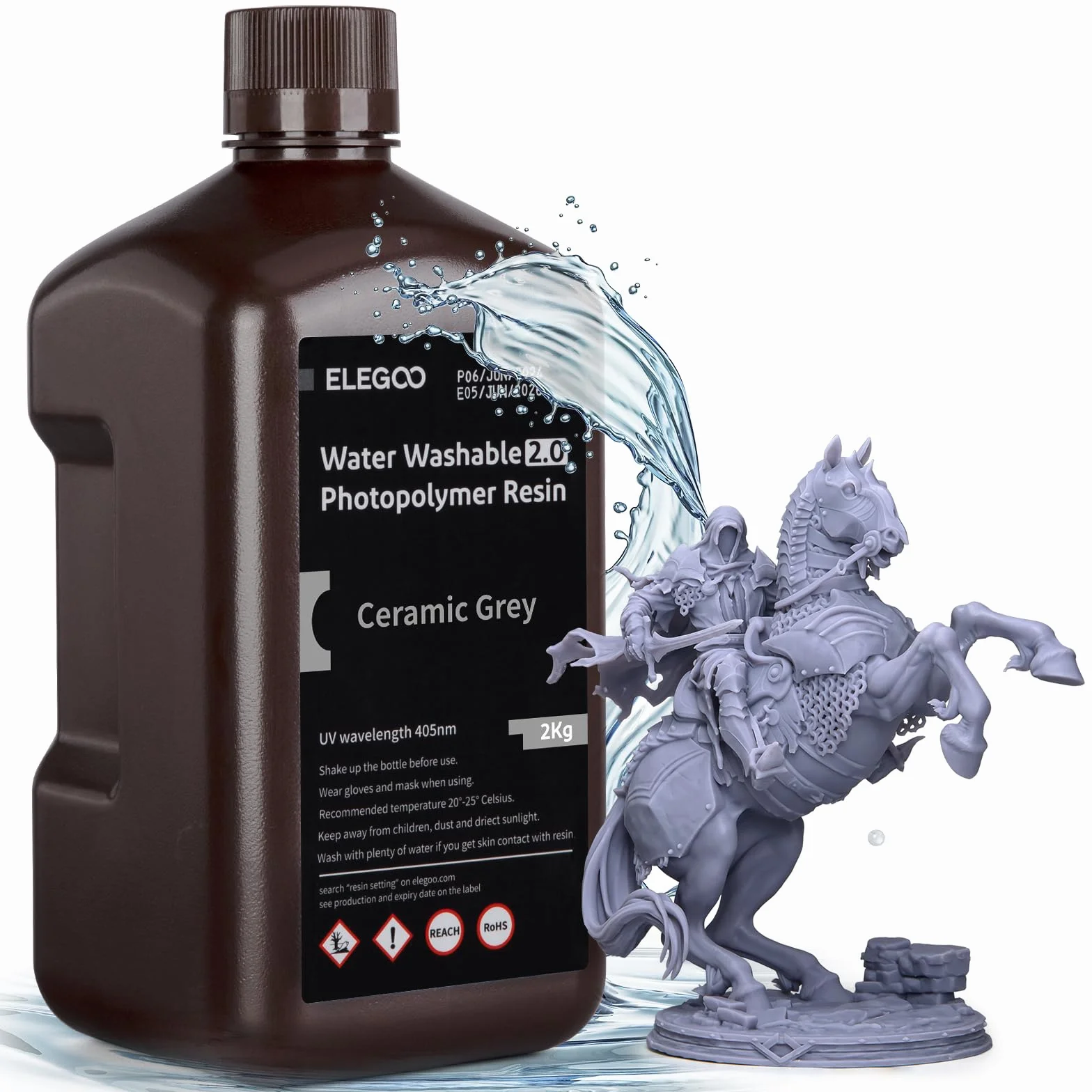 ELEGOO Water Washable 3D Printer Resin 2.0, Szybko Utwardzalna Żywica Fotopolimerowa do Drukarek LCD DLP SLA Resin, Płyn do Utwardzania UV 395-405 nm, Niski Skurcz, Wysoka Trwałość, 2000g Szary