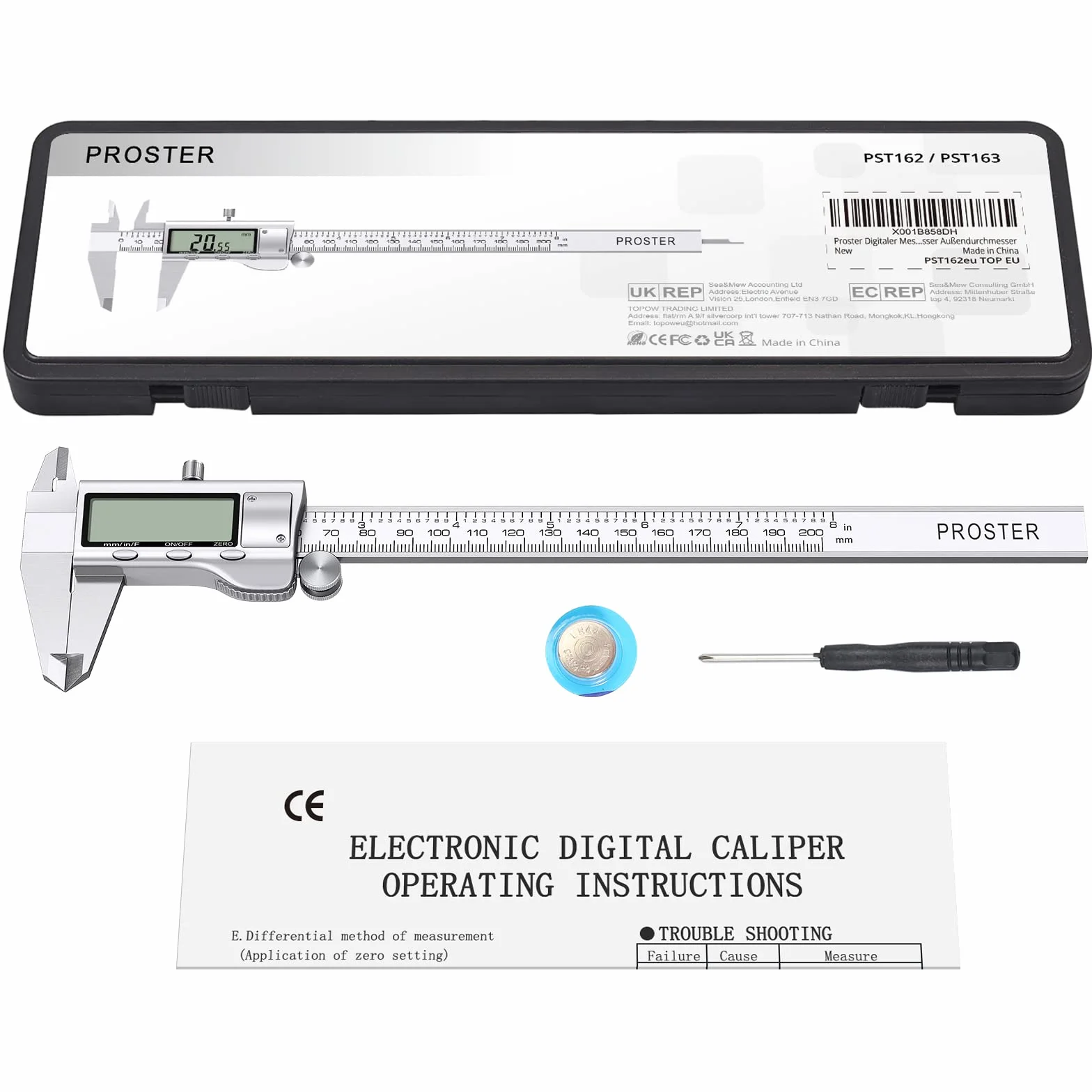 Proster Suwmiarka cyfrowa 8 cali/200 mm Elektroniczna suwmiarka ze stali nierdzewnej, frakcje/cal do pomiaru długości, szerokość głębokość wewnętrzna średnica zewnętrzna