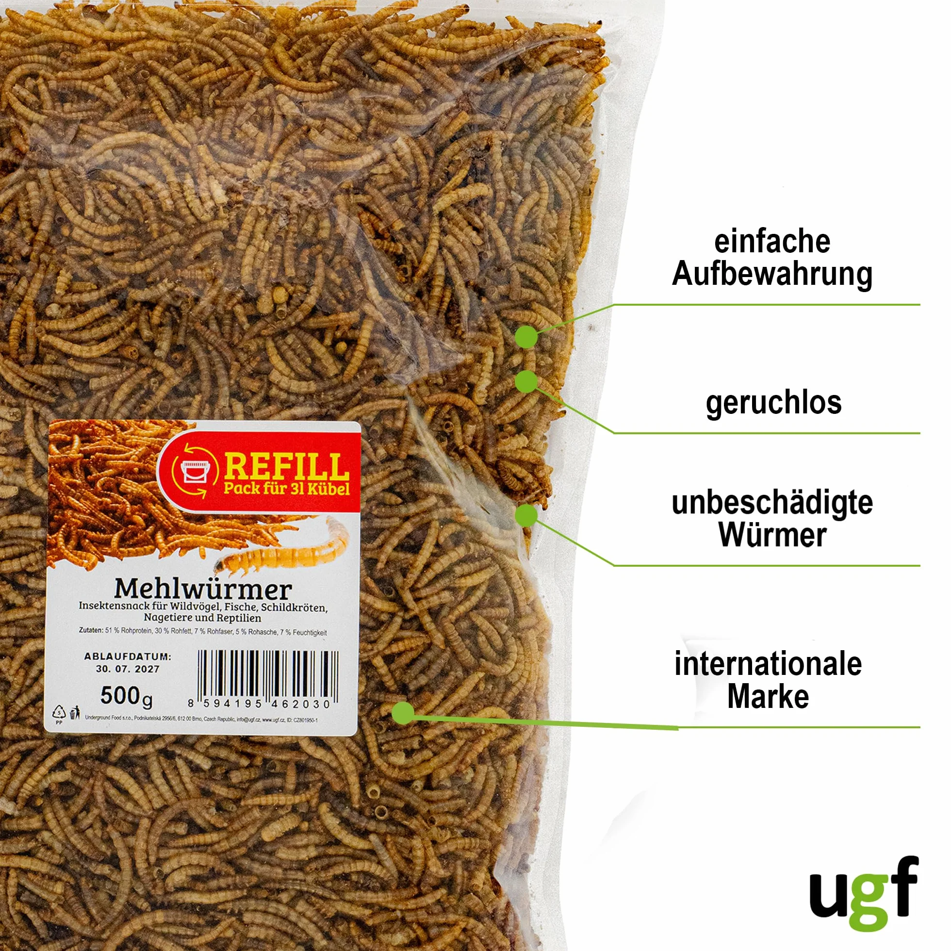 UGF - Premium suszone robaki mączne, 500 g, karma dla dzikich ptaków przez cały rok, karma dla jeży, karma dla wiewiórek, karma dla chomików