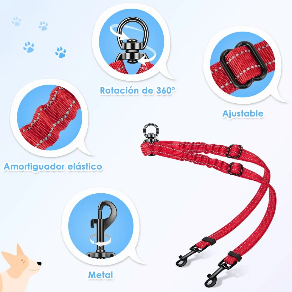 SlowTon Regulowana Podwójna Smycz dla 2 Psów, Obracana o 360 Stopni, Bez Plątania, z Elementami Odblaskowymi, dla Małych Psów (Czerwona, Mała 3-9 kg)