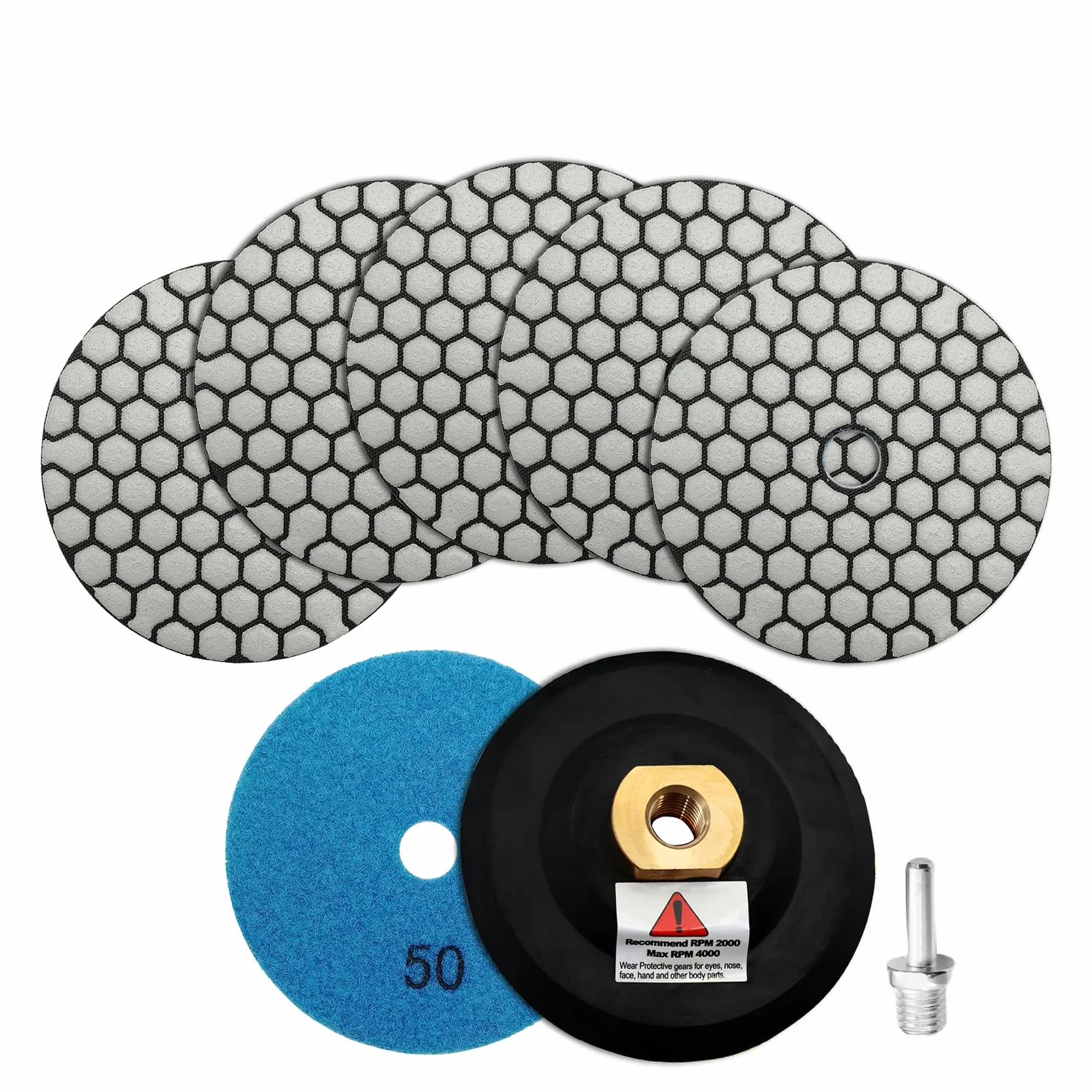 SHDIATOOL Suche diamentowe podkładki polerskie #50 6 sztuk i gumowa podkładka do pieczenia (1 zestaw) z okrągłym trzonkiem 100 mm do betonu, diamentowe tarcze szlifierskie, marmur, granit, polerowanie