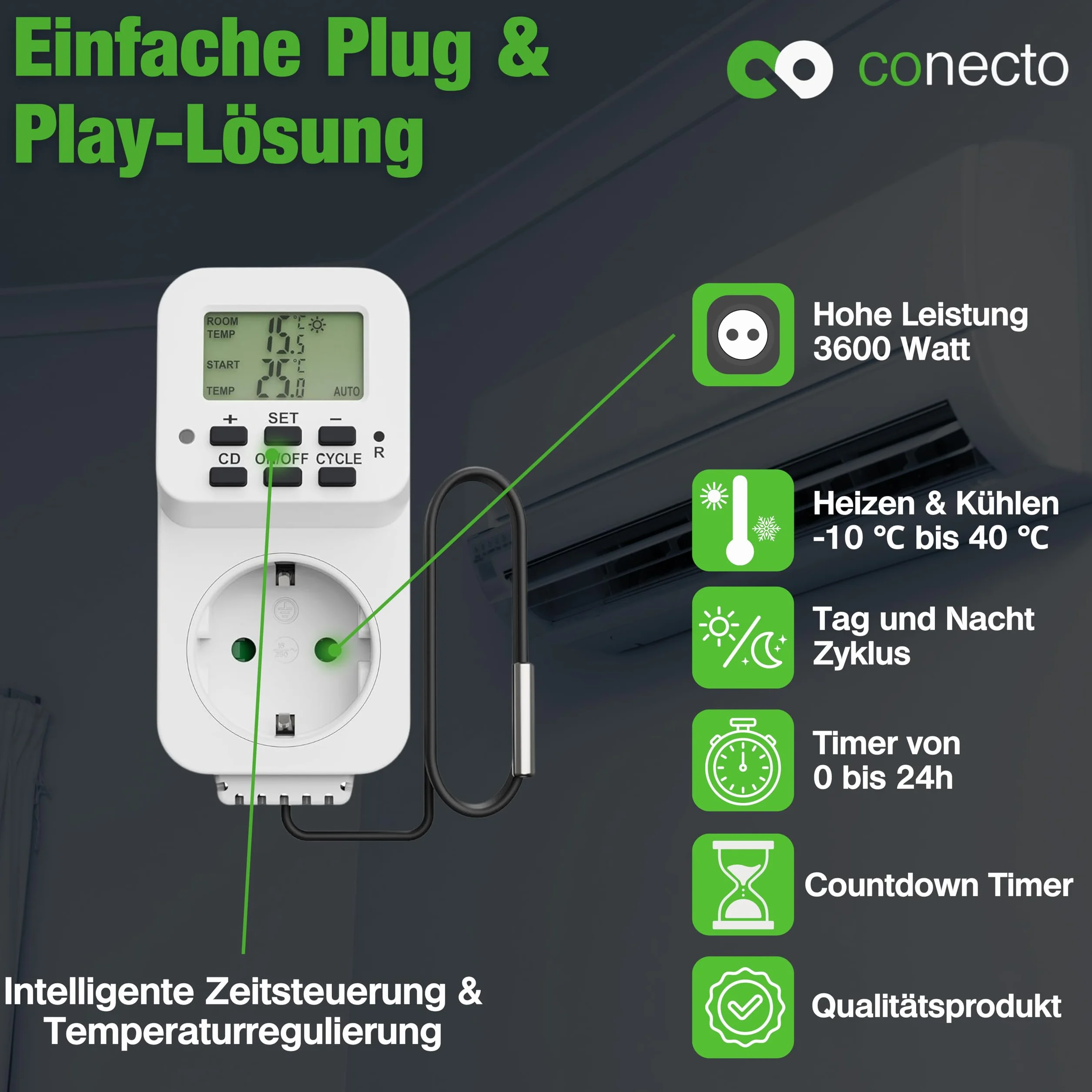conecto Cyfrowy termostat z czujnikiem zewnętrznym i timerem do terrarium, szklarni, palacza, ogrzewania, regulator temperatury, mróz, 3600 W, biały