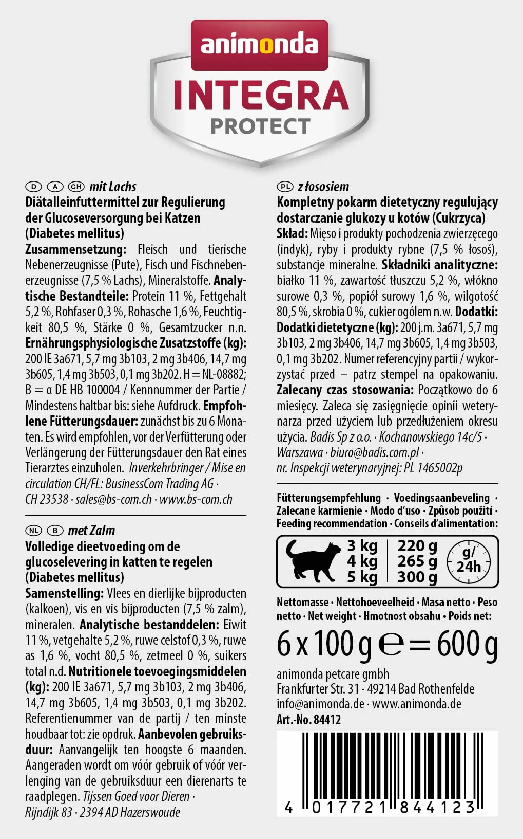 INTEGRA PROTECT karma dla dorosłych kotów z łososiem suplement diety dla cukrzycy 6 x 100 g