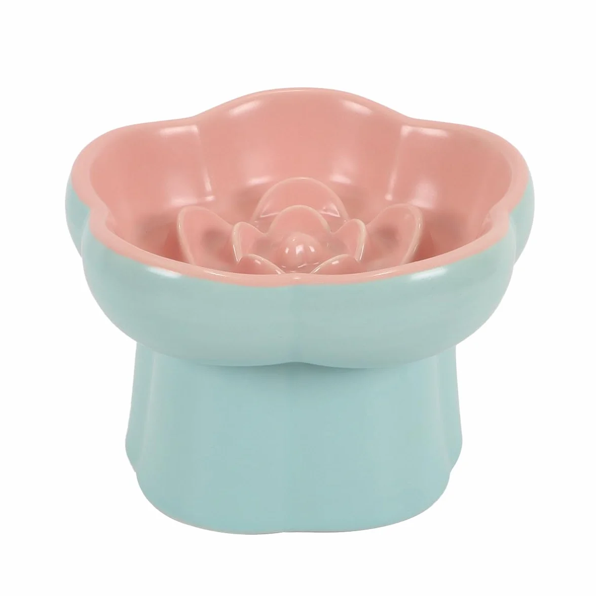 Podwyższona miska dla kota z powolnym posuwem, ceramiczna podwyższona miska ze szkła z tytułem, urocza kuweta w kształcie kwiatu na suchą i mokrą karmę, różowo-niebieska