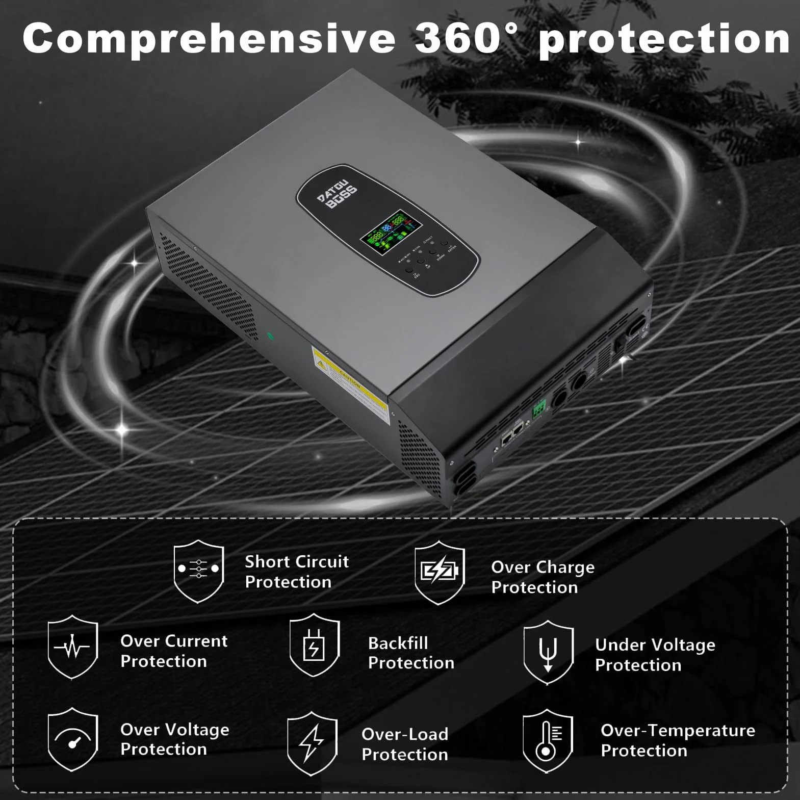 DATOUBOSS 6200W Hybrydowy Falownik 48V Czysty Sinus, Hybrydowy Falownik Solarny 48v, 48v DC Na 220v/230v AC, Z Regulatorem ładowania Solarnym 120A MPPT, Obsługa Pracy Bez Baterii, System Ochrony BMS