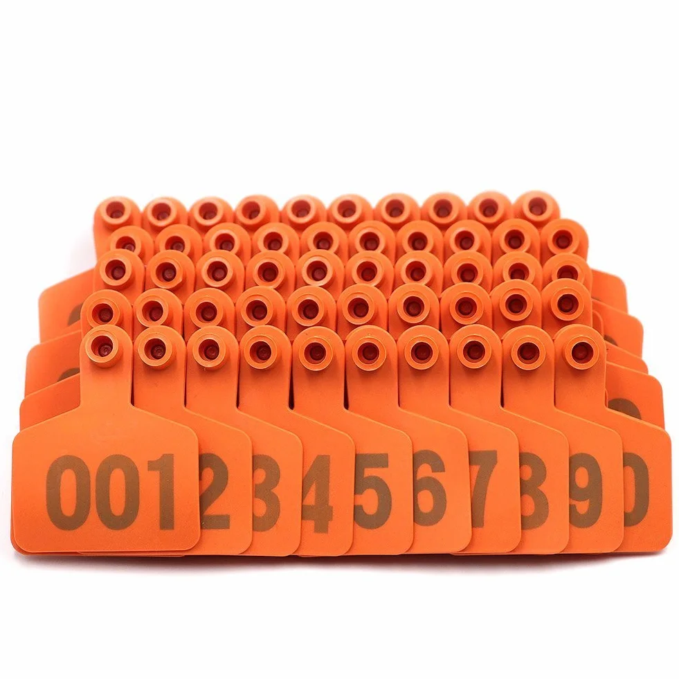 MasXirch Plastikowe etykiety do uszu z numerami 001-100 dla zwierząt gospodarskich, etykiety identyfikacyjne dla krów, bydła, owiec, kóz i świń (pomarańczowe)
