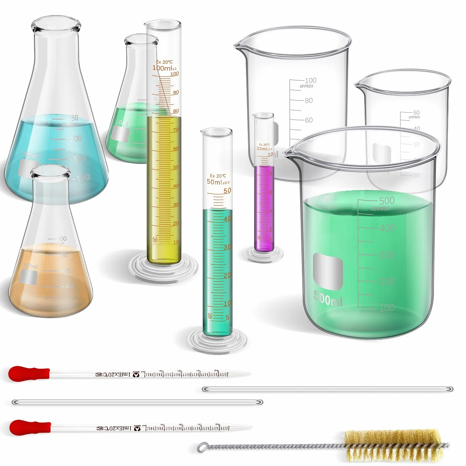 14 sztuk szklanych kubków z miarką 50/100/500 ml, szklana butelka 50/100/250 ml, cylinder z podziałką szklaną 10/50/100 ml z 1 pędzlem, 2 średnicami i 2 kroplami, zestaw do laboratorium