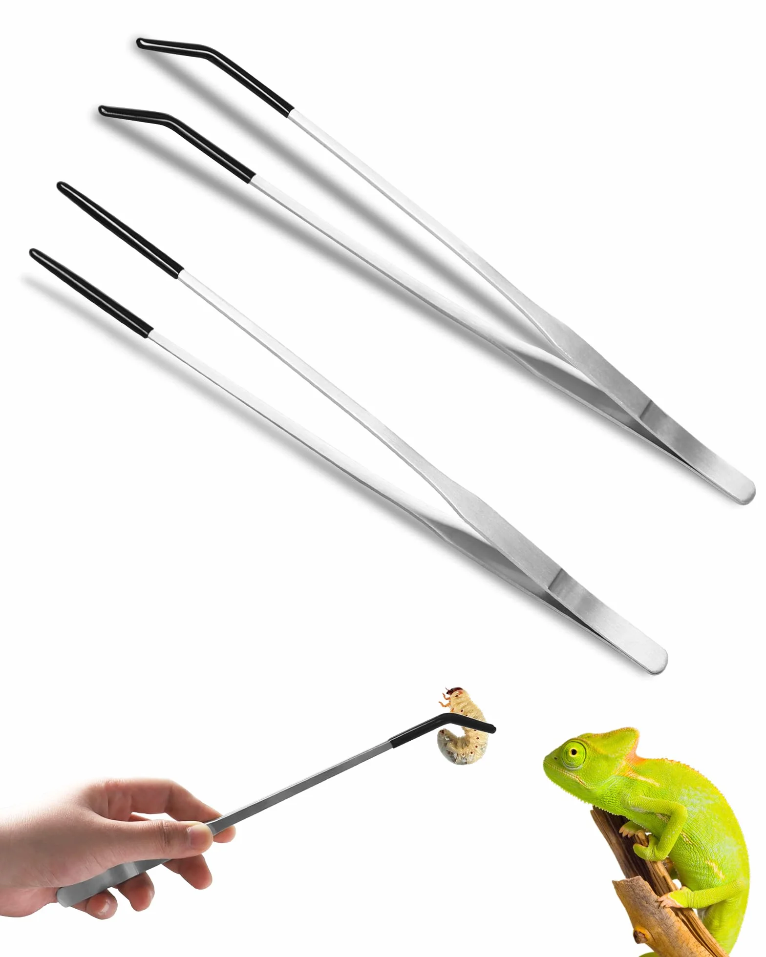 Zestaw 2 sztuk 27 cm szczypce do karmienia gadów, stalowe szczypce do akwarium, proste i zakrzywione szczypce z gumową końcówką, długie szczypce, do karmienia gadów, roślin wodnych i akwarium