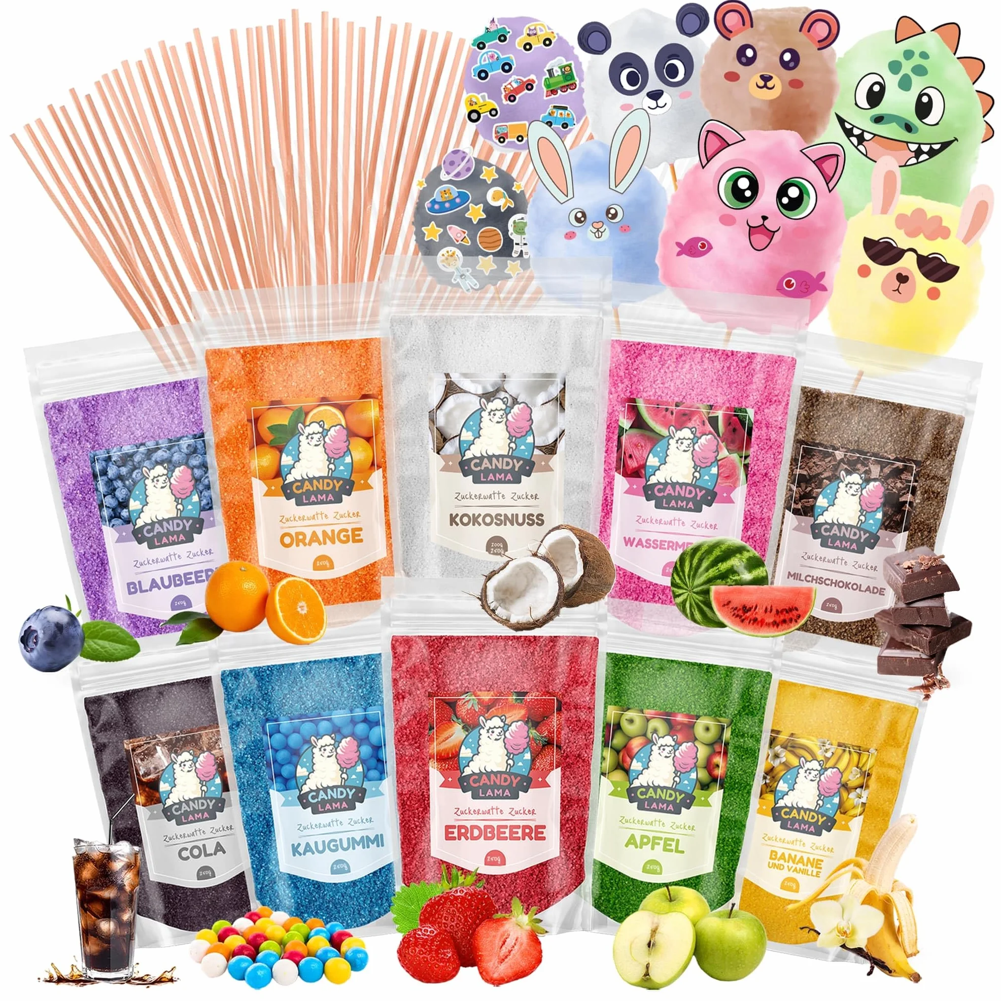 CANDY LAMA Zestaw do waty cukrowej 10 x 250g różne smaki z patyczkami i opłatkami