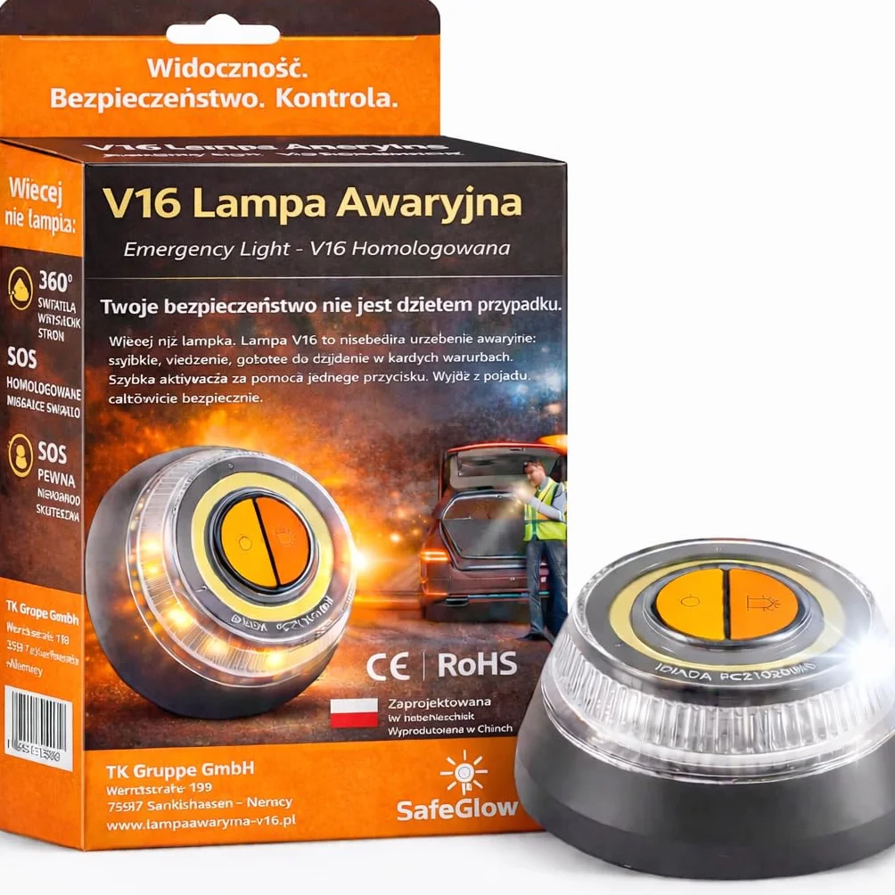 Lampa ostrzegawcza V16 2026 z homologacją IDIADA nr PC21020060 – Trójkąt ostrzegawczy – Trójkąt awaryjny – Aprobata UE – Do samochodów i motocykli