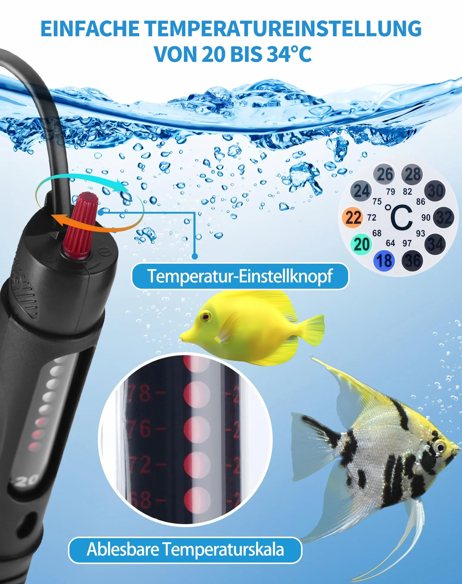 LAOYE Grzejnik do akwarium, 200 W, grzałka do akwarium, do akwariów 120-200L, temperatura regulowana, grzejnik akwariowy z lampką kontrolną, przyssawkami, osłona ochronna, grzejnik akwariowy do