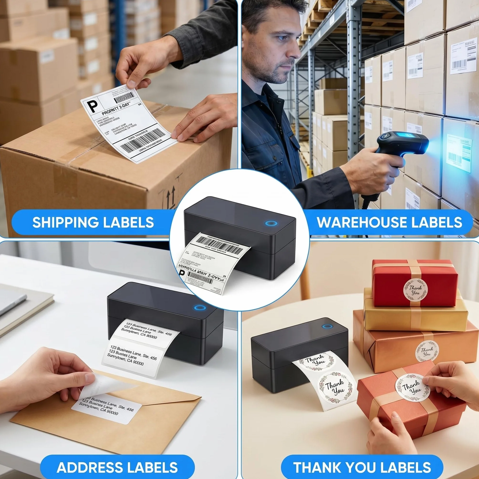 Drukarka etykiet Bluetooth 4x6 (100x150mm), termiczna drukarka do etykiet wysyłkowych DHL, Amazon FBA i Shopify, w zestawie: stojak, pendrive (sterownik) i 30 etykiet, kompatybilna z iOS/Android