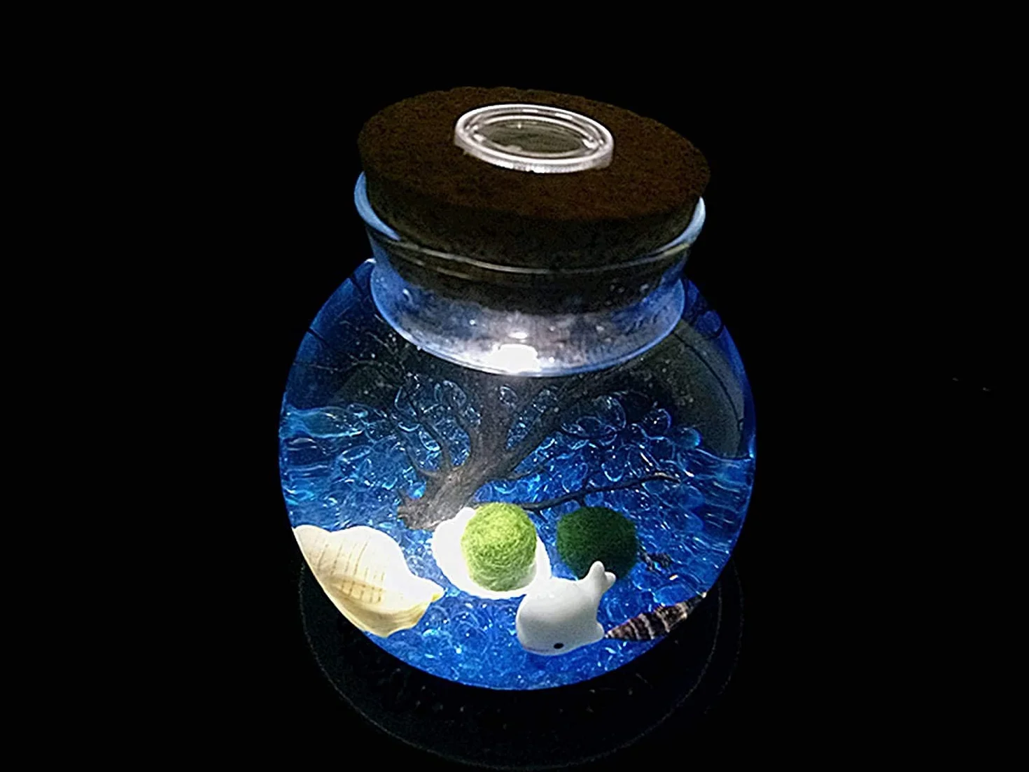 Ecosides Zestaw LED do akwarium Marimo, kreatywna lampka nocna LED, mikrokrajobraz, ekologiczna butelka, szklany słoik terrarium kula, z żywymi kulkami mchu, kamyczkami, muszlą, czarnym koralem
