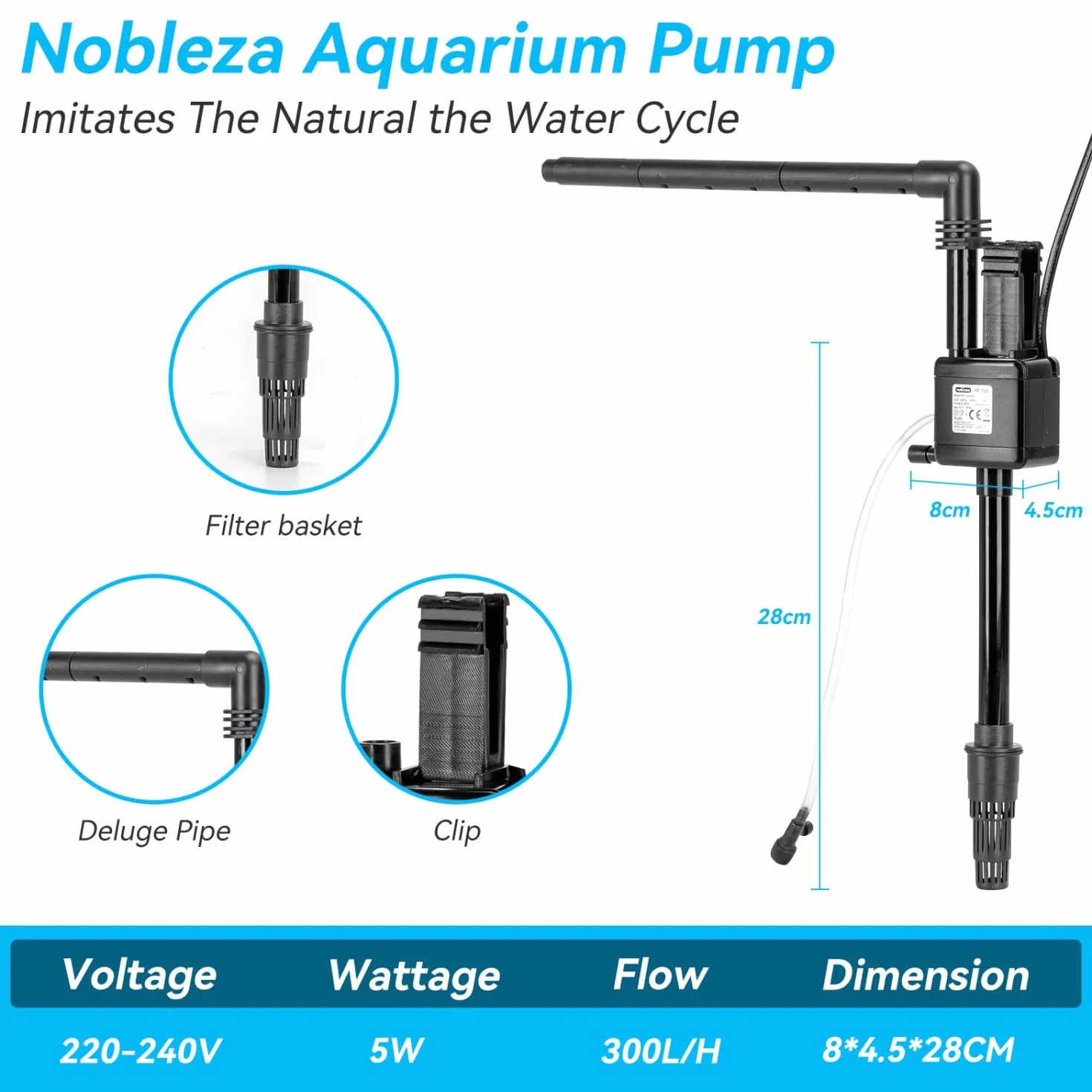 Nobleza - pompa akwariowa 30 l, pompa zanurzeniowa do wody (300 l/h, 5 W), pompa z natlenianiem