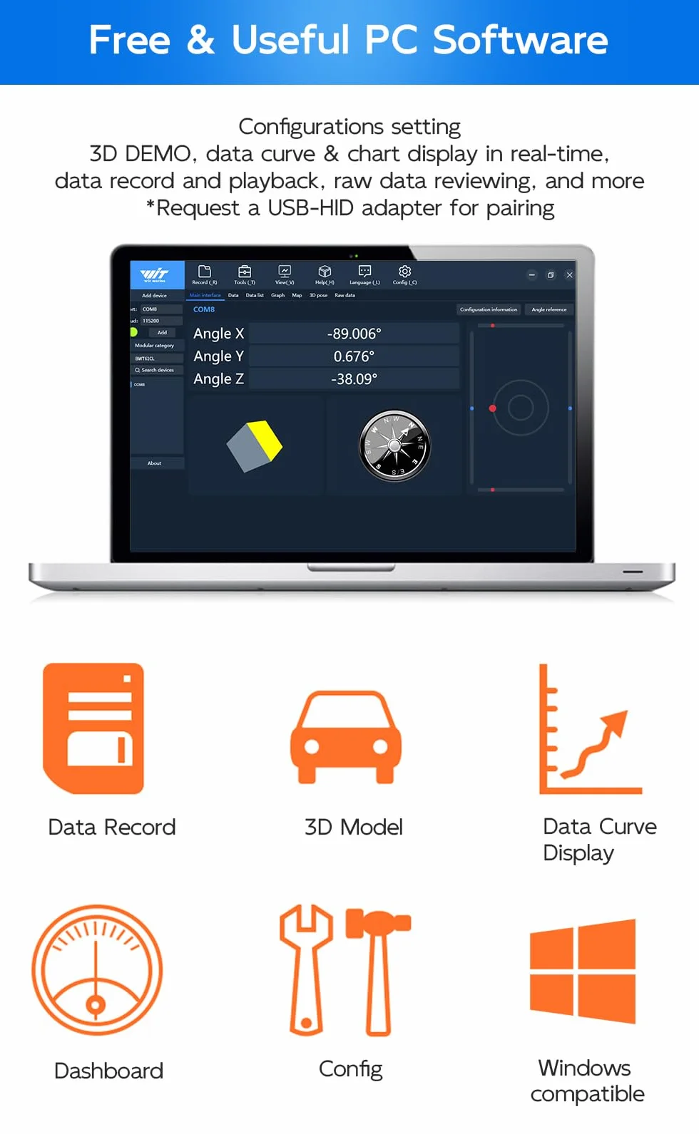 [Akcelerometr Bluetooth + Inklinometr] BWT61CL MPU6050 żyroskop 6-osiowy o wysokiej precyzji + kąt (dokładność XY 0,05°) + przyspieszenie z filtrem Kalman, rejestrator danych 6DOF o wysokiej
