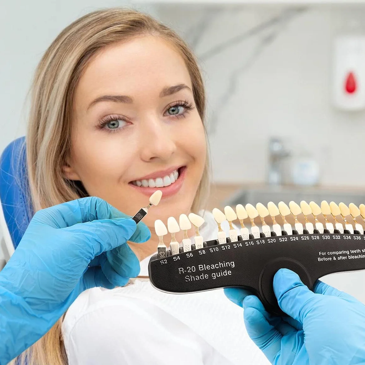 Karty kolorów zębów, 20 kolorów, porównywarka kolorów zębów, przewodnik odcieni zębów dentystycznych, zestaw do wybielania zębów, do porównania koloru zębów przed i po wybielaniu zębów