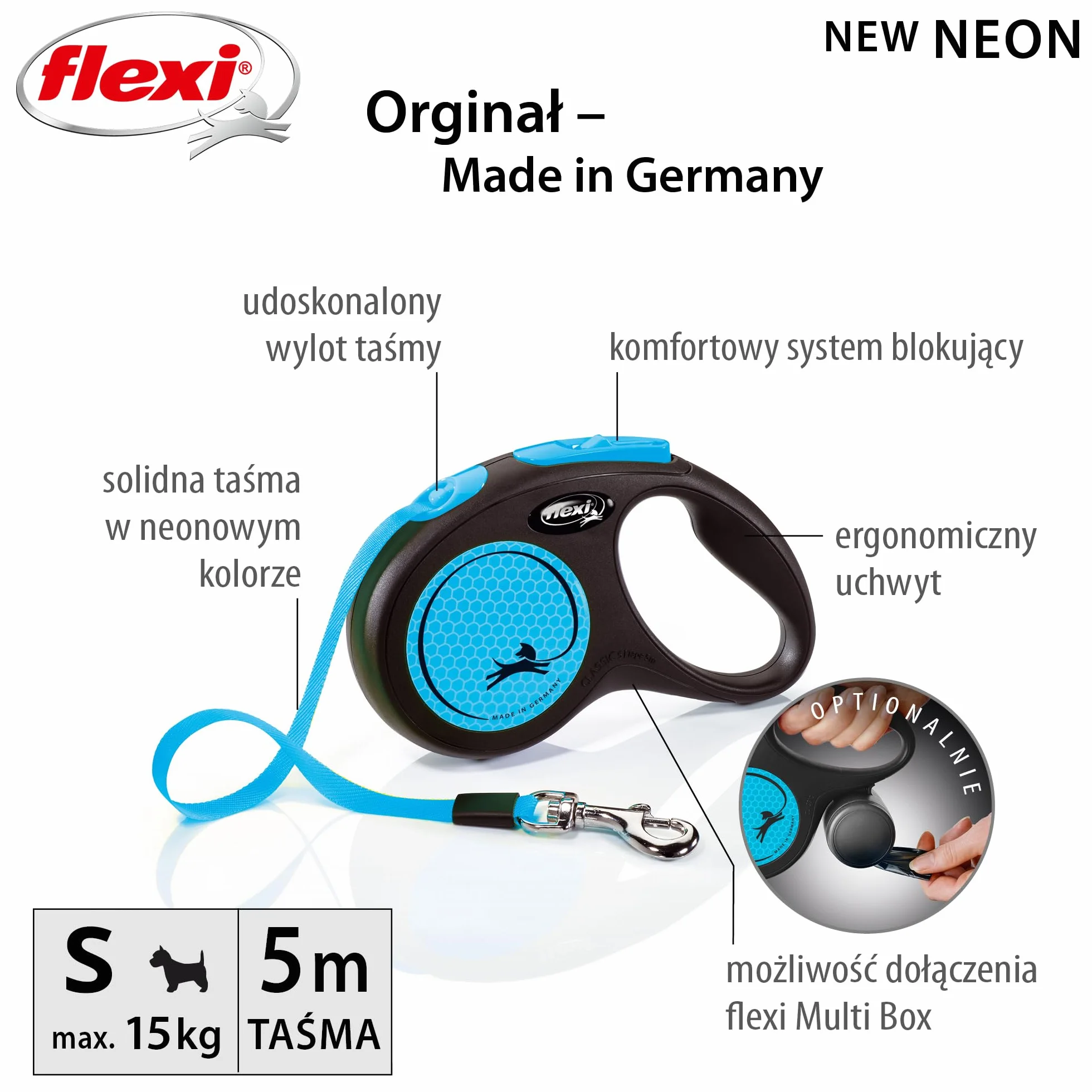 Flexi Rollijn New Neon Tape Zwart/Neon Blauw-S 5 MTR TOT 15 KG
