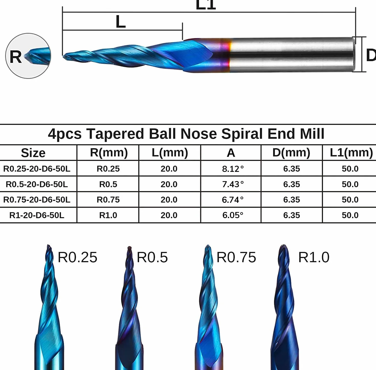 Genmitsu Frez spiralny z noskiem kulowym, 4 szt., 2-punktowy, z nano-niebieską powłoką z węglika wolframu, wiertła do frezowania CNC do grawerowania 2D i 3D, R0.25-1.0, chwyt 1/4", TB04B