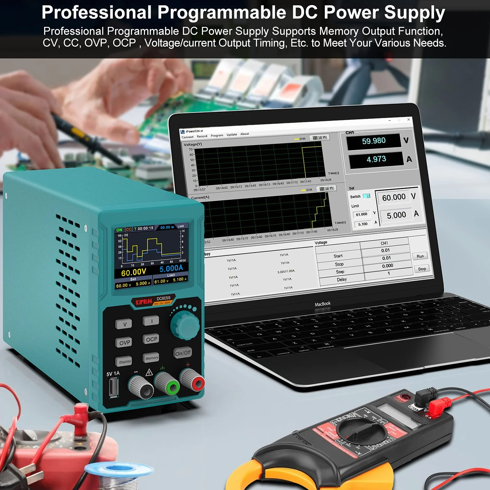 Kiprim DC605S Programowalny zasilacz laboratoryjny, 0–60 V / 0–5 A, z 4-cyfrowym wyświetlaczem LED, stabilizowany zasilacz impulsowy, miernik prądu, odporny na przeciążenie i zwarcie