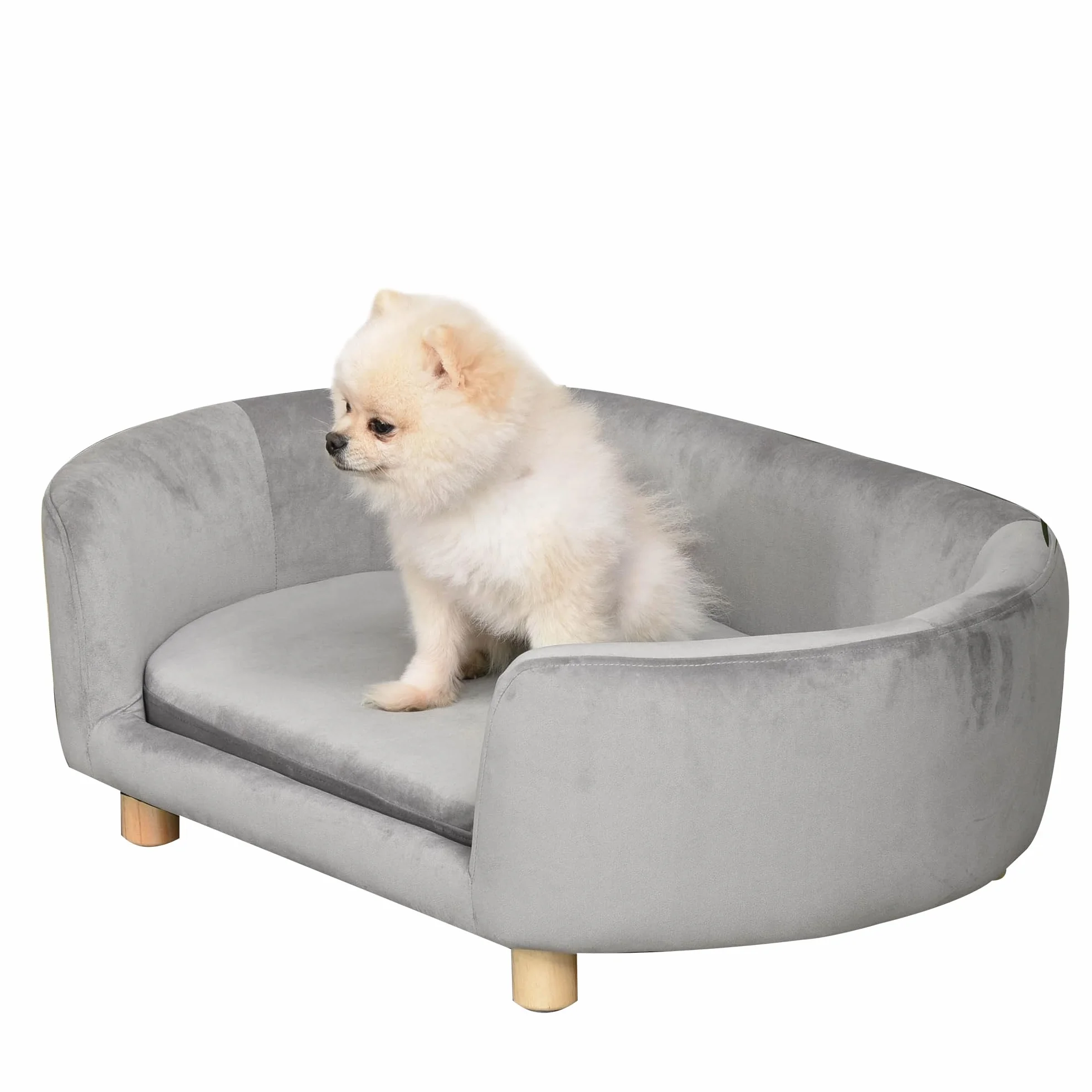 PawHut Sofa dla zwierząt domowych Sofa dla psa Legowisko dla psa holenderski aksamit pianka nogi brzozowe dla kotów psów 86 x 55 x 33 cm jasnoszary
