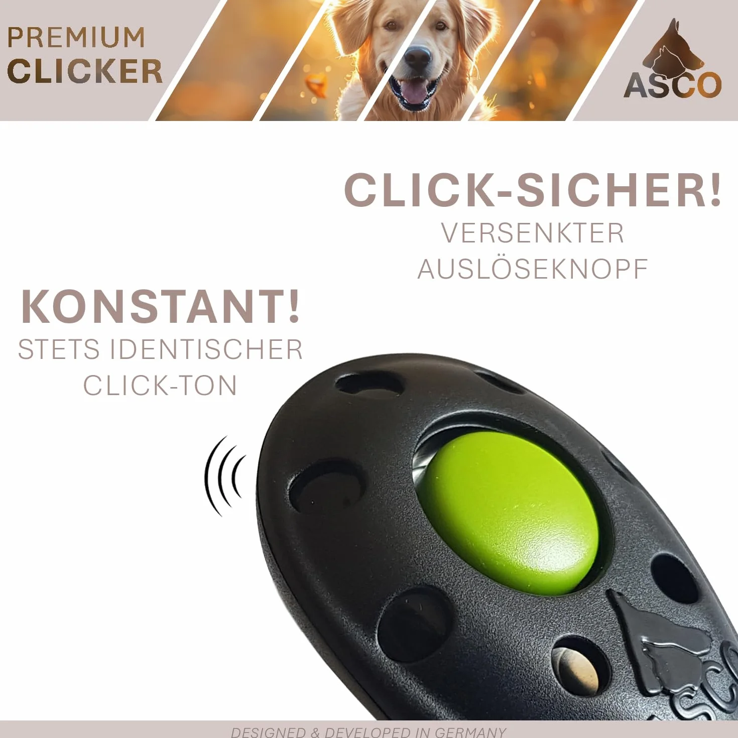 ASCO Clicker Premium Clicker, kliker dla psa do profesjonalnego treningu na kliker z elastyczną taśmą, niebieski AC04PA