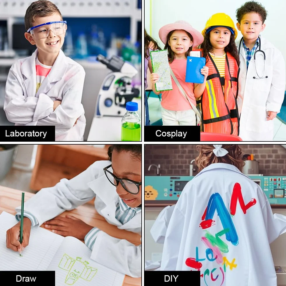 AUYAO Szlafrok laboratoryjny dla dzieci, biały bawełniany fartuch laboratoryjny, biały szlafrok medyczny chłopiec dziewczynka kostium lekarza chłopca, szlafrok naukowy dla studentów szkoły szpitala