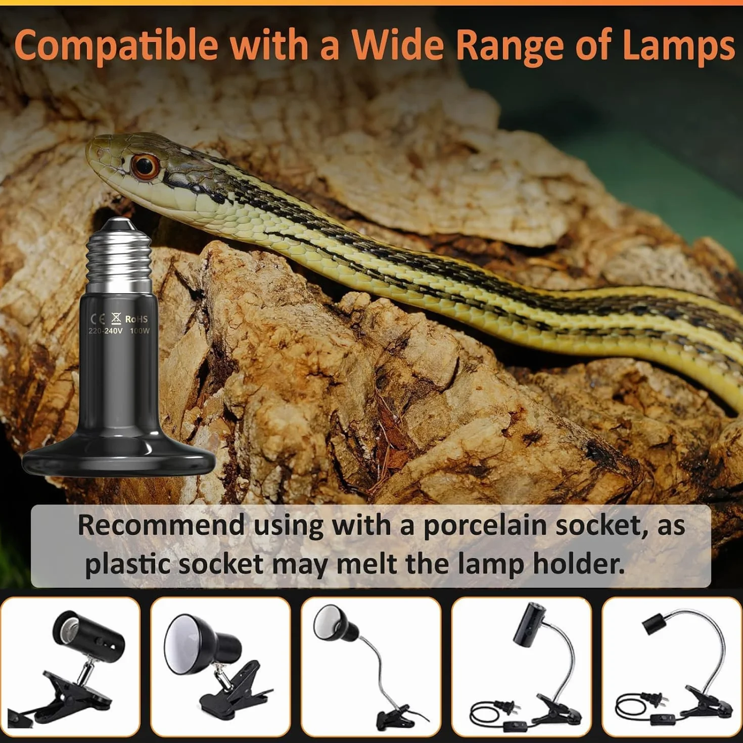 Bonlux 100W Lampa grzewcza do terrarium dla gadów, ceramiczny promiennik E27 dla jaszczurek/żółwi/węży/kurczaków/psów, bez światła, 2 sztuki