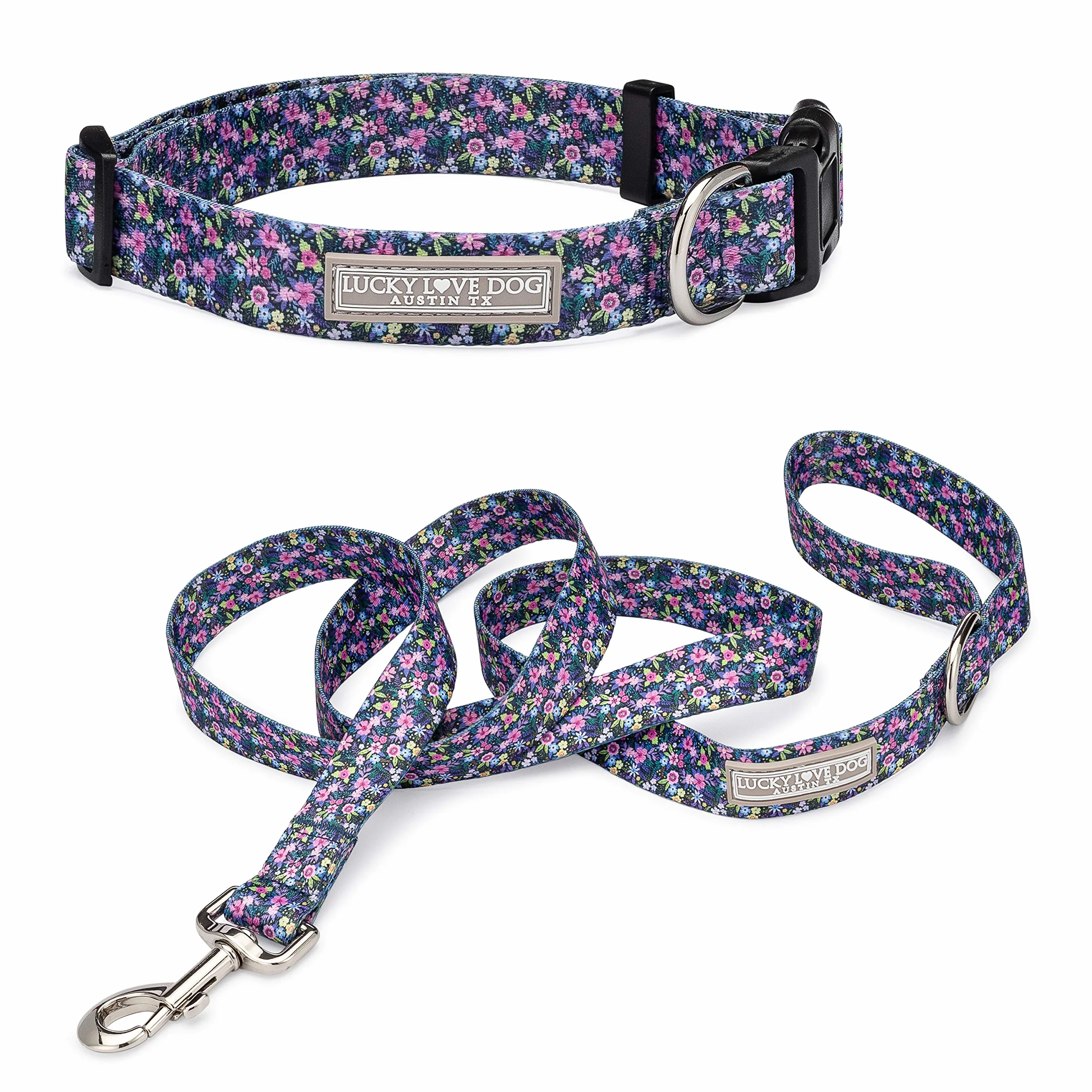 Lucky Love Dog, Pasujący zestaw obroży i smyczy dla psów, miękki, regulowany, bezpieczny do treningu i chodzenia, czarno-fioletowy nadruk kwiatowy, Primrose Combo, XS