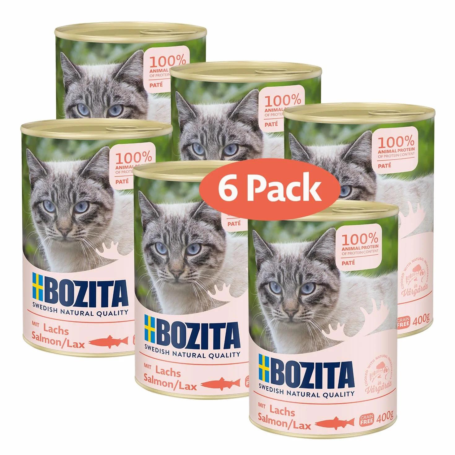 Bozita Paté Lachs bezzbożowa – 6 x 400 g mokra karma dla kotów i kotów. Karma pojedyncza z 9,5% białka i 5% tłuszczu z wysokiej jakości, naturalnych składników bez zbóż - ze Szwecji