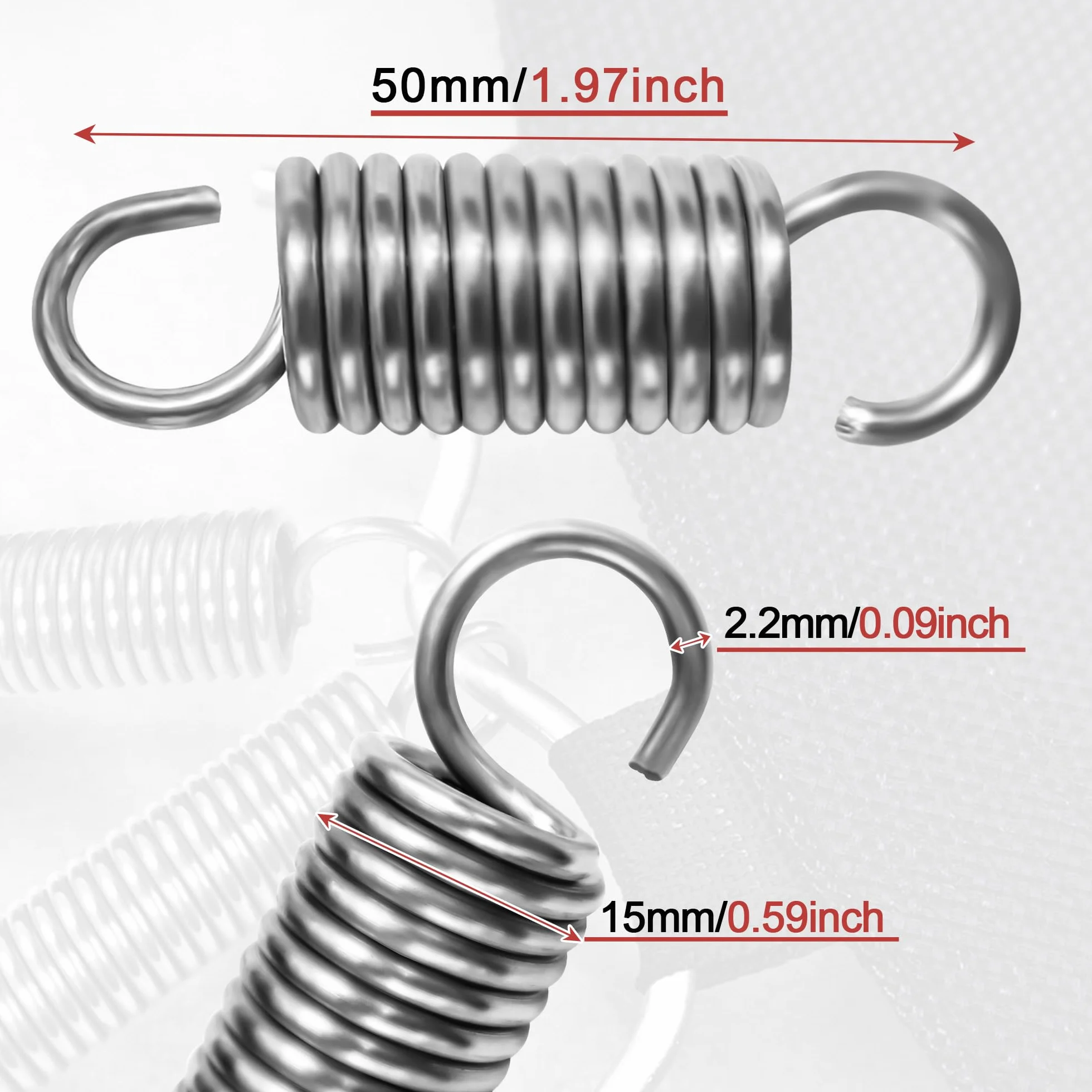 Sprężyny naciągowe ze stali nierdzewnej 50 mm, średnica zewnętrzna 15 mm, drut 2,2 mm, siła 13 kg
