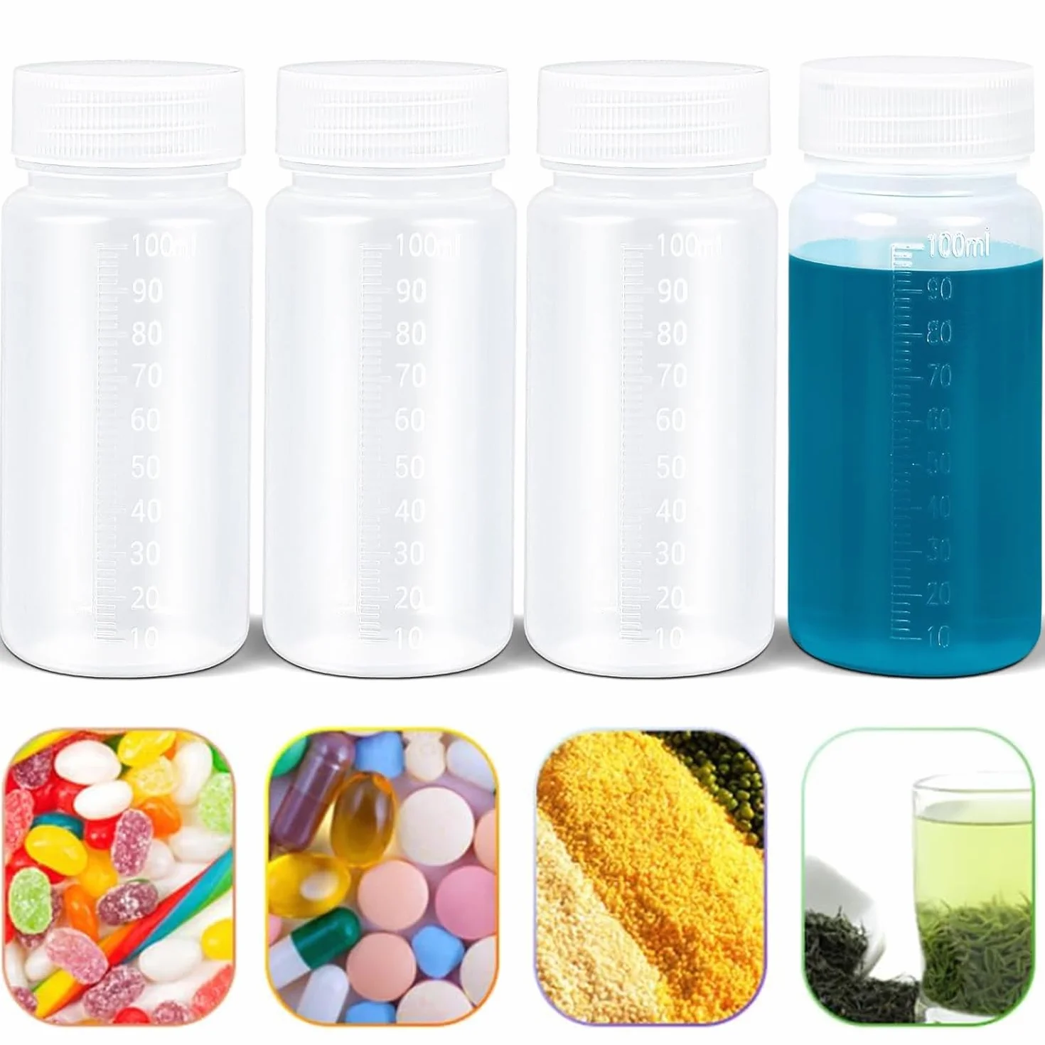 Plastikowe butelki laboratoryjne 100 ml z szerokim otworem i skalą, hermetyczna pokrywka, 5 sztuk