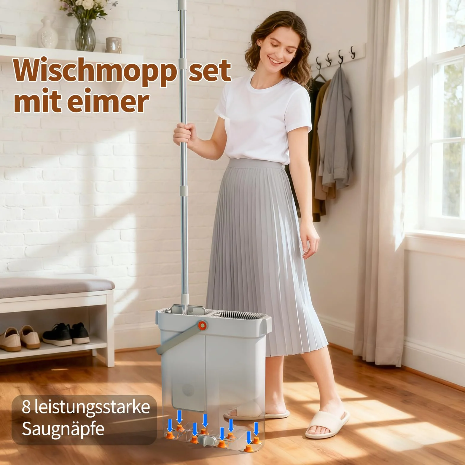 Zestaw mopowy CTIME z wiadrem i wyciskaczem, ręczny płaski mop, 2 podkładki z mikrofibry, 33 cm