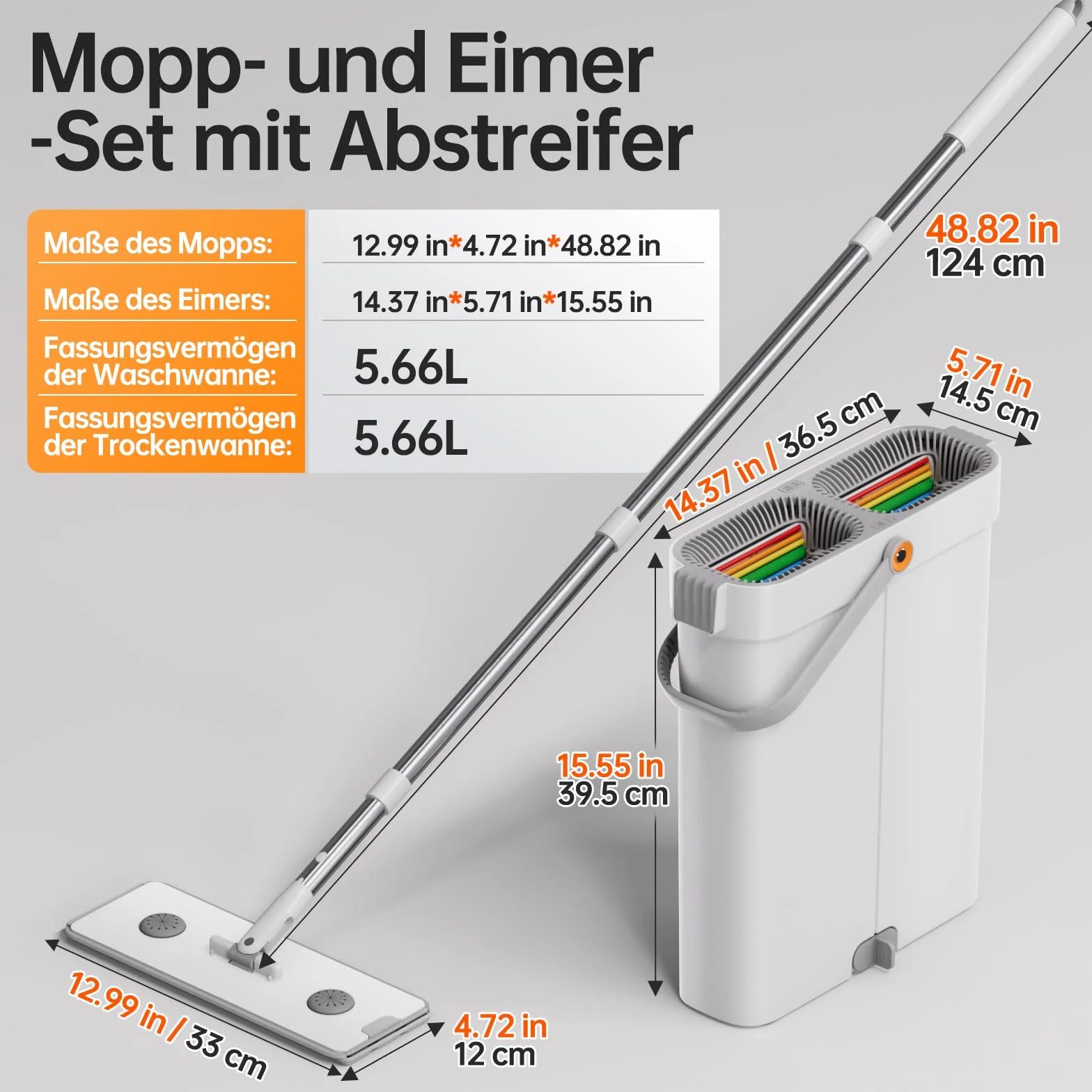 Zestaw mopowy CTIME z wiadrem i wyciskaczem, ręczny płaski mop, 2 podkładki z mikrofibry, 33 cm
