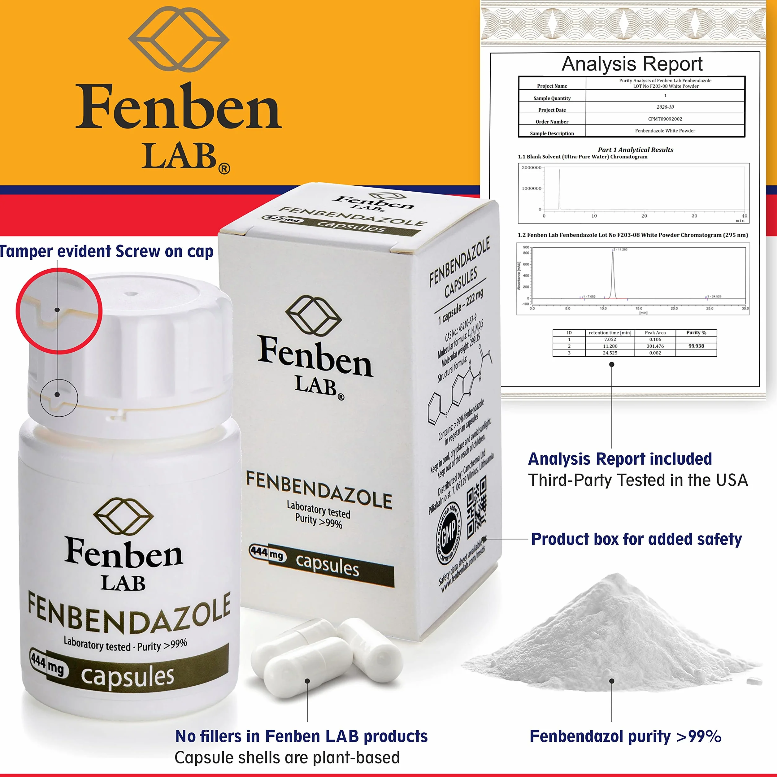 Fenbendazole 444mg, Czystość >99.9%, Wyprodukowane przez Fenben Lab, Dołączono Certyfikat Analizy, Testowany w Certyfikowanym Laboratorium, 30 Kapsułek