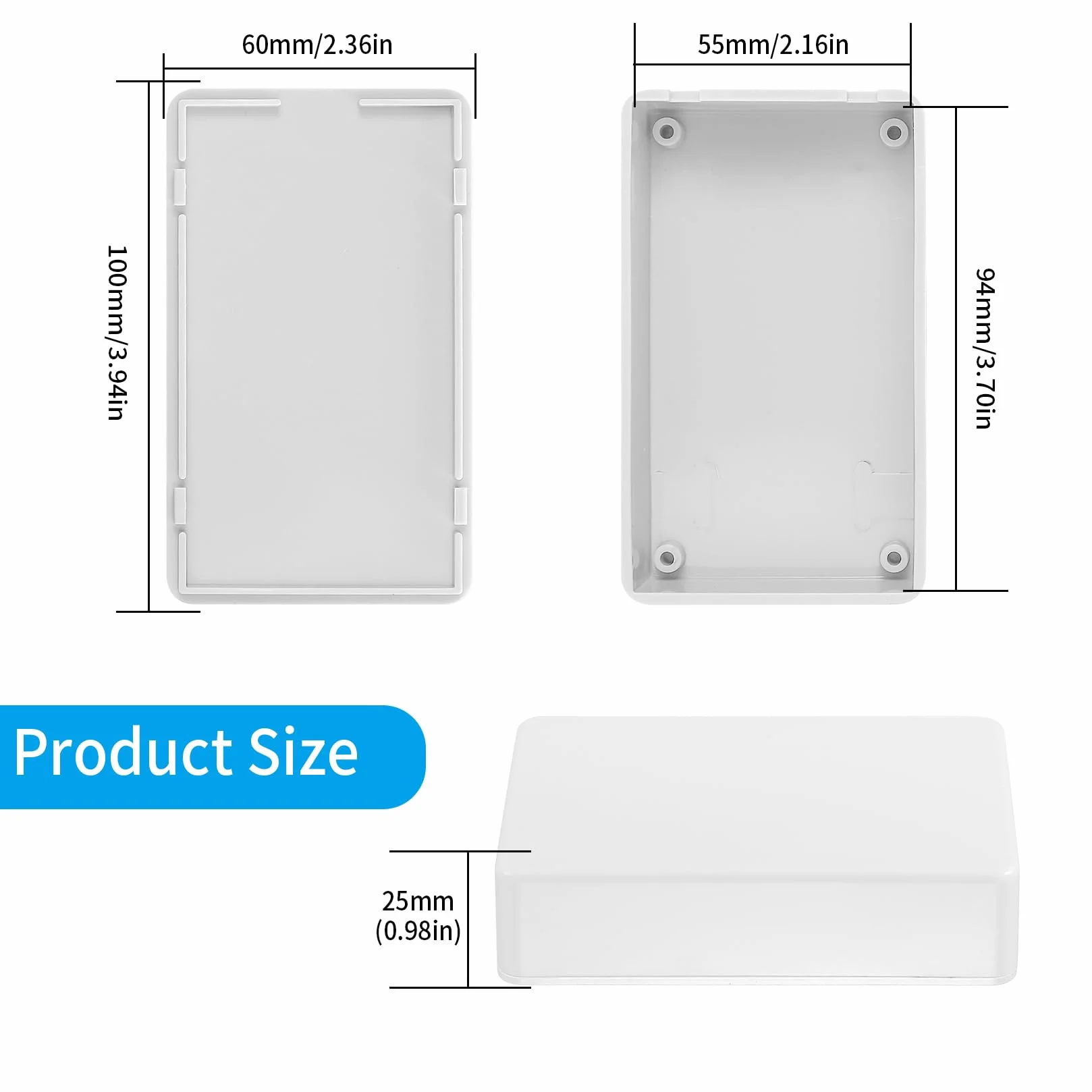 Plastikowe pudełko projektowe, elektroniczna skrzynka przyłączeniowa, obudowa do elektroniki, zasilanie, skrzynka na instrumenty (biała, 100 x 60 x 25 mm)