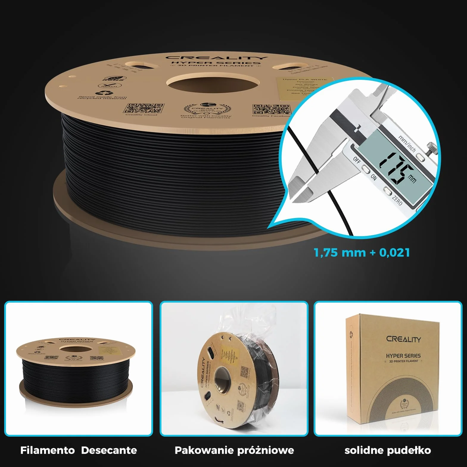 Creality PLA Filament Hyper PLA 1.75mm 1kg Czarny FDM 3D Drukarek