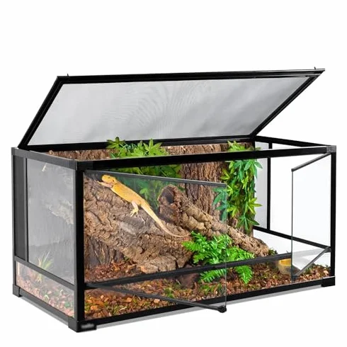 Szklane terrarium dla gadów, z wentylacją górnym ekranem i pokrywą zapobiegającą ucieczce, widok 360°, wbudowane wloty drutu, do żółwia, jaszczurki, kameleonów